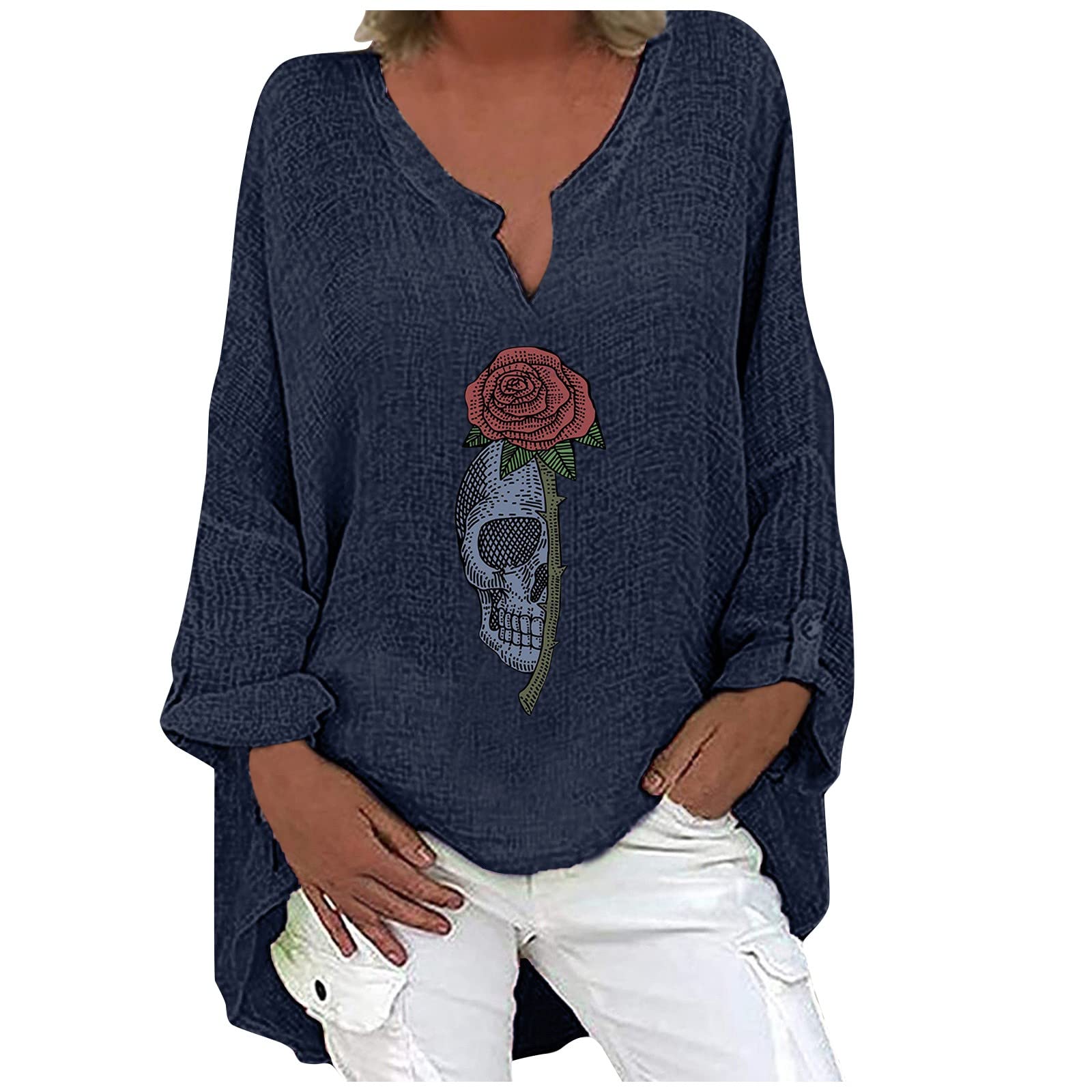 Women's Fall Linen High-Low V-Neck T-Shirt - Pumpkin Skull Print Long Sleeve Tunic Blouse | Loose Fit Halloween Top for Casual Wear & Autumn Outfits