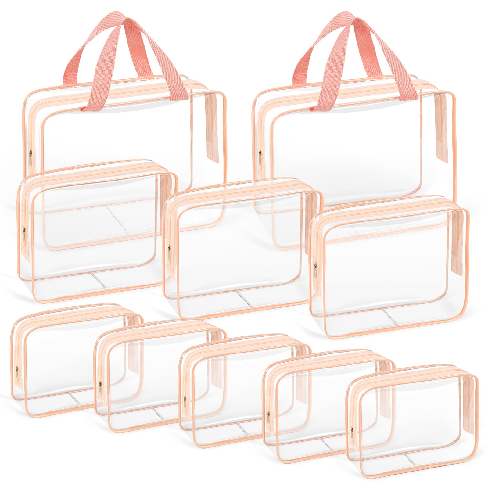 TISRATOK 10-Piece Clear Travel Makeup Bag Set - TSA Approved PVC Cosmetic Organizer with Zipper for Toiletries, Pink - Perfect for Air Travel, Gym & Daily Essentials Storage