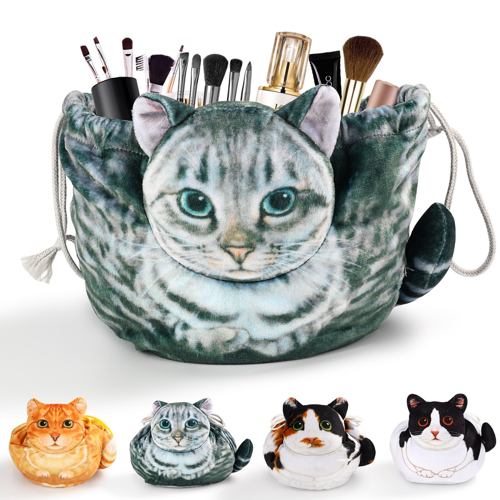 Stylish Grey Tabby Cat Shaped Drawstring Makeup Bag for Women - Cute Cosmetic Case | Perfect for Travel, Gym & Daily Organizer