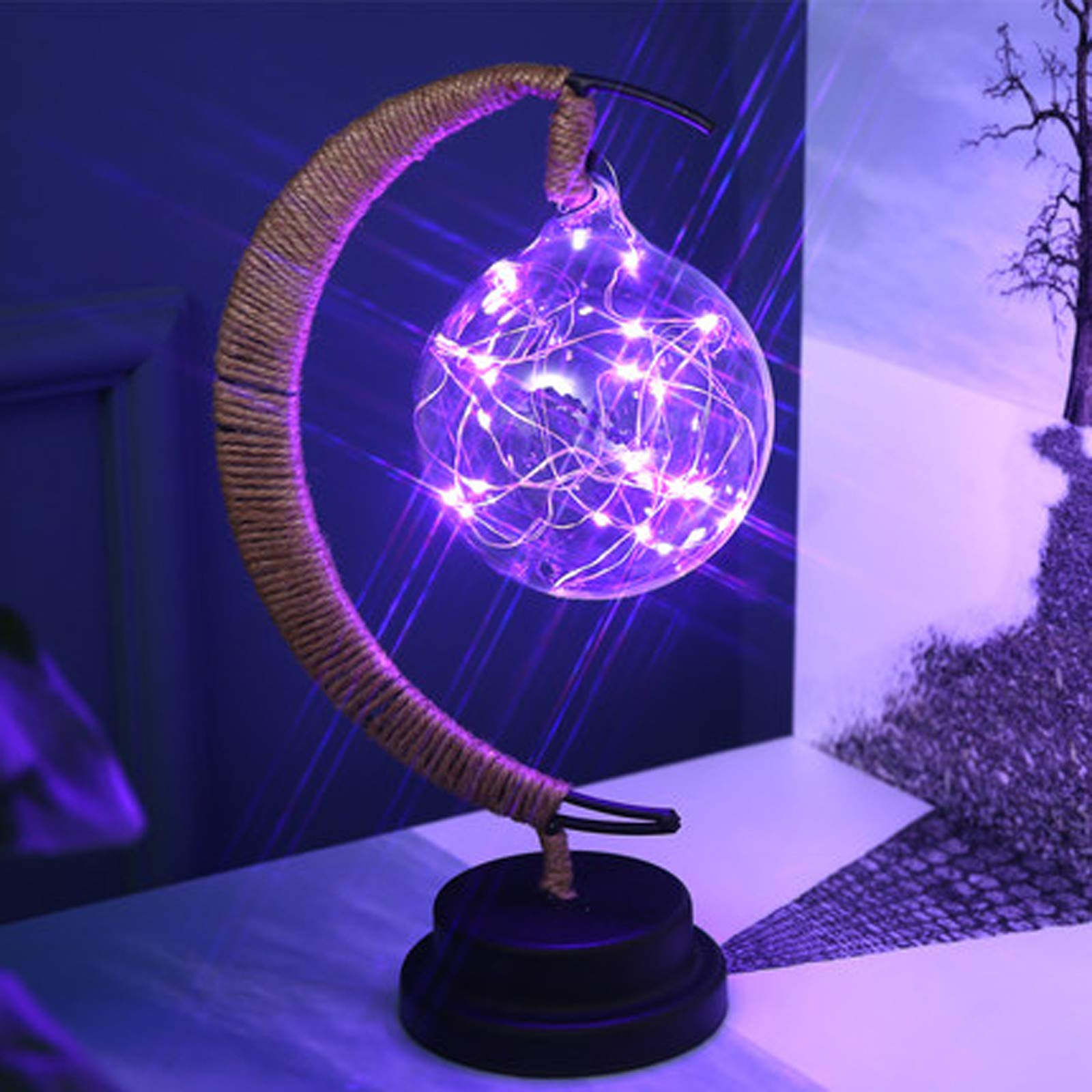 Enchanted Lunar Lamp - 3D Moon Night Light with LED Galaxy Projection, Handmade Wrought Iron Table Lamp for Bedroom Decor | Perfect Christmas Gift, Birthday Present & Home Decoration (Purple) - Creates Magical Ambiance for Romantic Nights, Meditation & Nursery Room Lighting