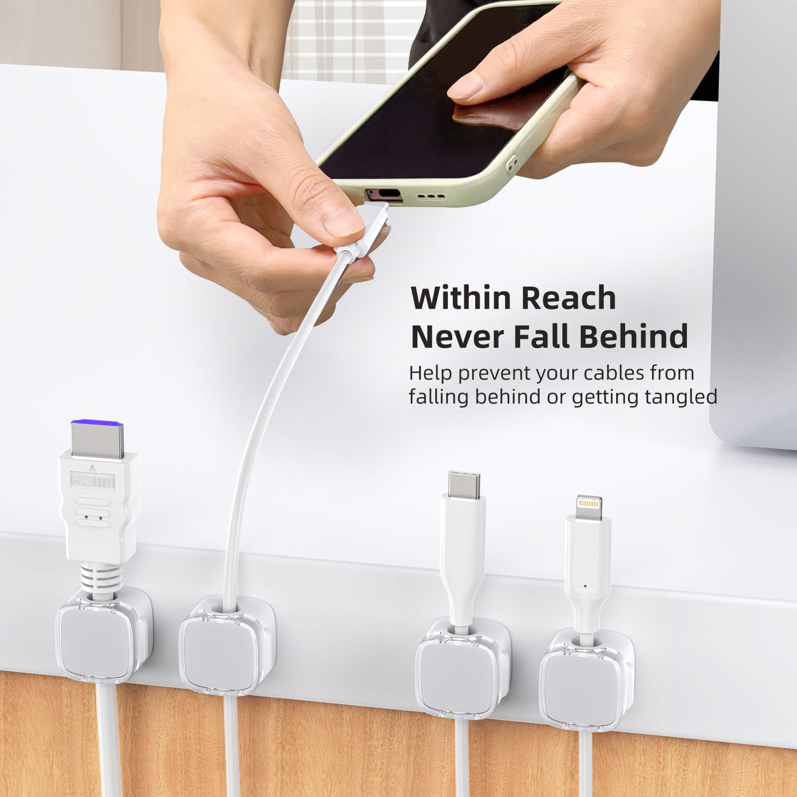 6 Pack Magnetic Cable Clips - Strong Adhesive Cord Organizer for Desk, Nightstand, Kitchen, Car & Office - Clear White Wire Keepers for Phone Chargers, Headphones & Appliances