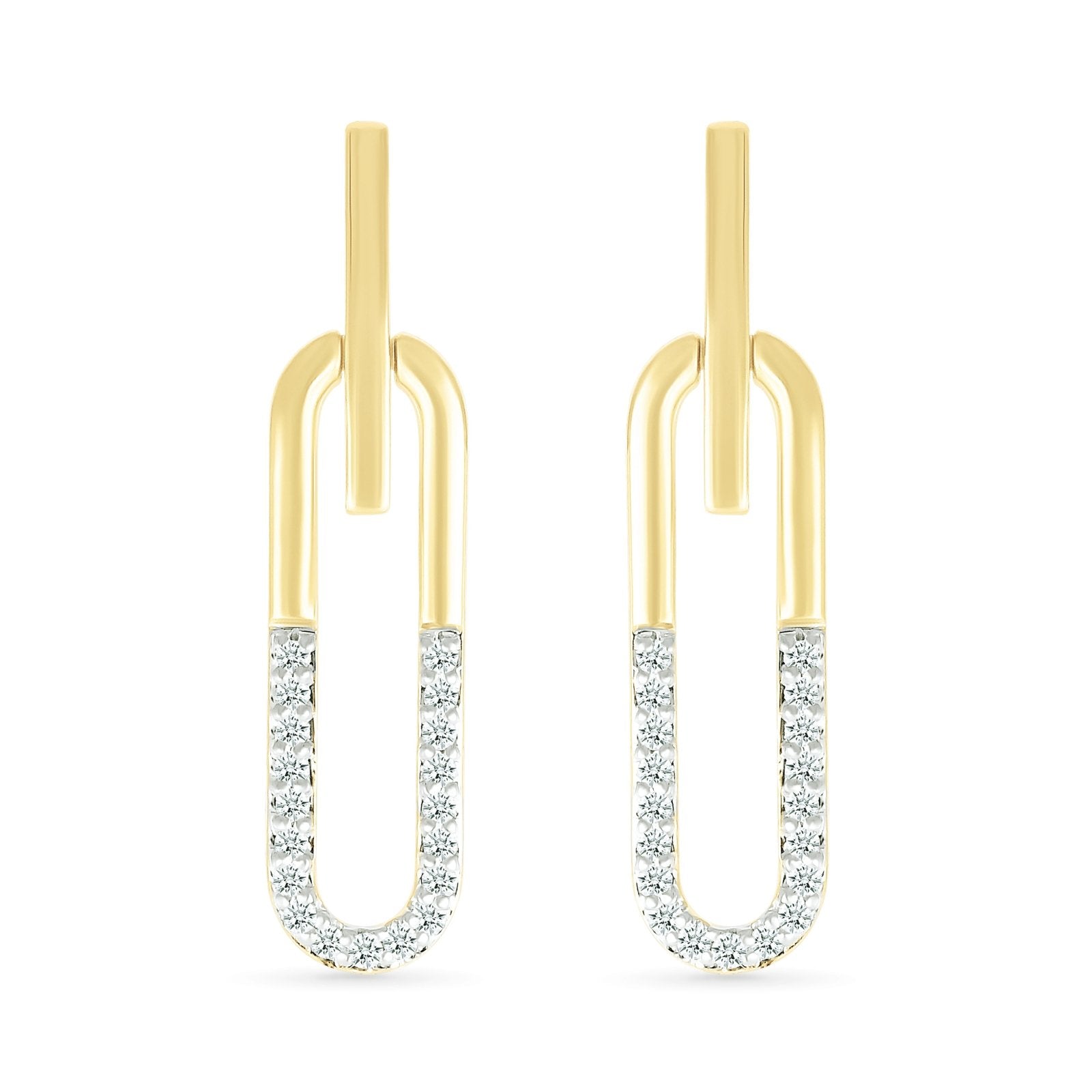 10k Yellow Gold Dangling Paperclip Diamond Stud Earrings - Elegant & Durable for Everyday Wear, Parties & Special Occasions