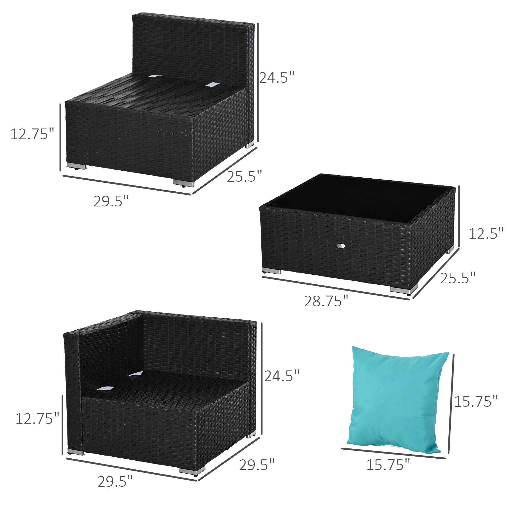 Outsunny 7-Piece All-Weather PE Rattan Patio Furniture Set, Outdoor Wicker Sectional Sofa with Cushions & Tempered Glass Table - Turquoise - Perfect for Garden, Backyard, Poolside & Patio Relaxation
