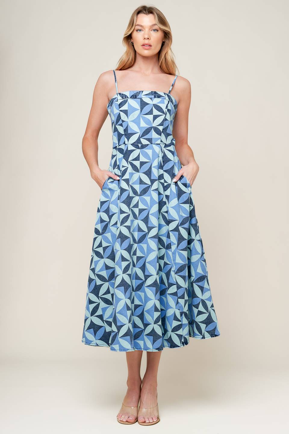 GWENNY Geometric Blue Denim Midi Dress - Stylish Casual & Party Wear for Women | Perfect for Office, Date Night & Summer Outings