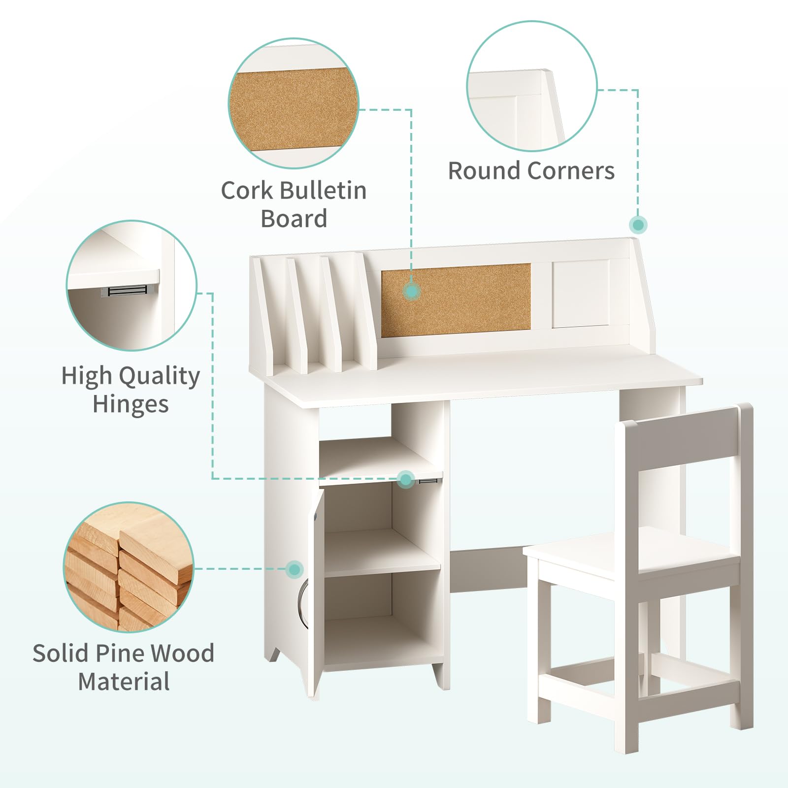 White Kids Desk with Chair - Wooden Study Table for Boys & Girls, Computer Desk with Storage Drawers, Hutch & Bookshelf - Perfect for Bedroom & Study Room (Pearl White) | Ideal for Homework, Online Learning & Creative Activities