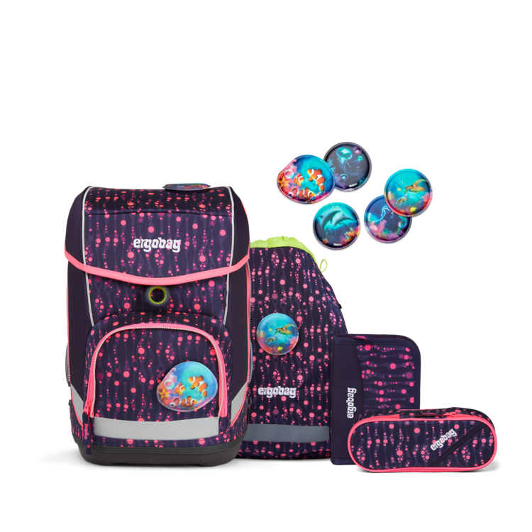 Ergobag SET Cubo 5-Piece School Backpack with Lunch Box - Lightweight Durable Bear Design for Kids (Bearmuda Square/WinterwonBearland Glow) - Perfect for Elementary School, Daycare & Outdoor Adventures