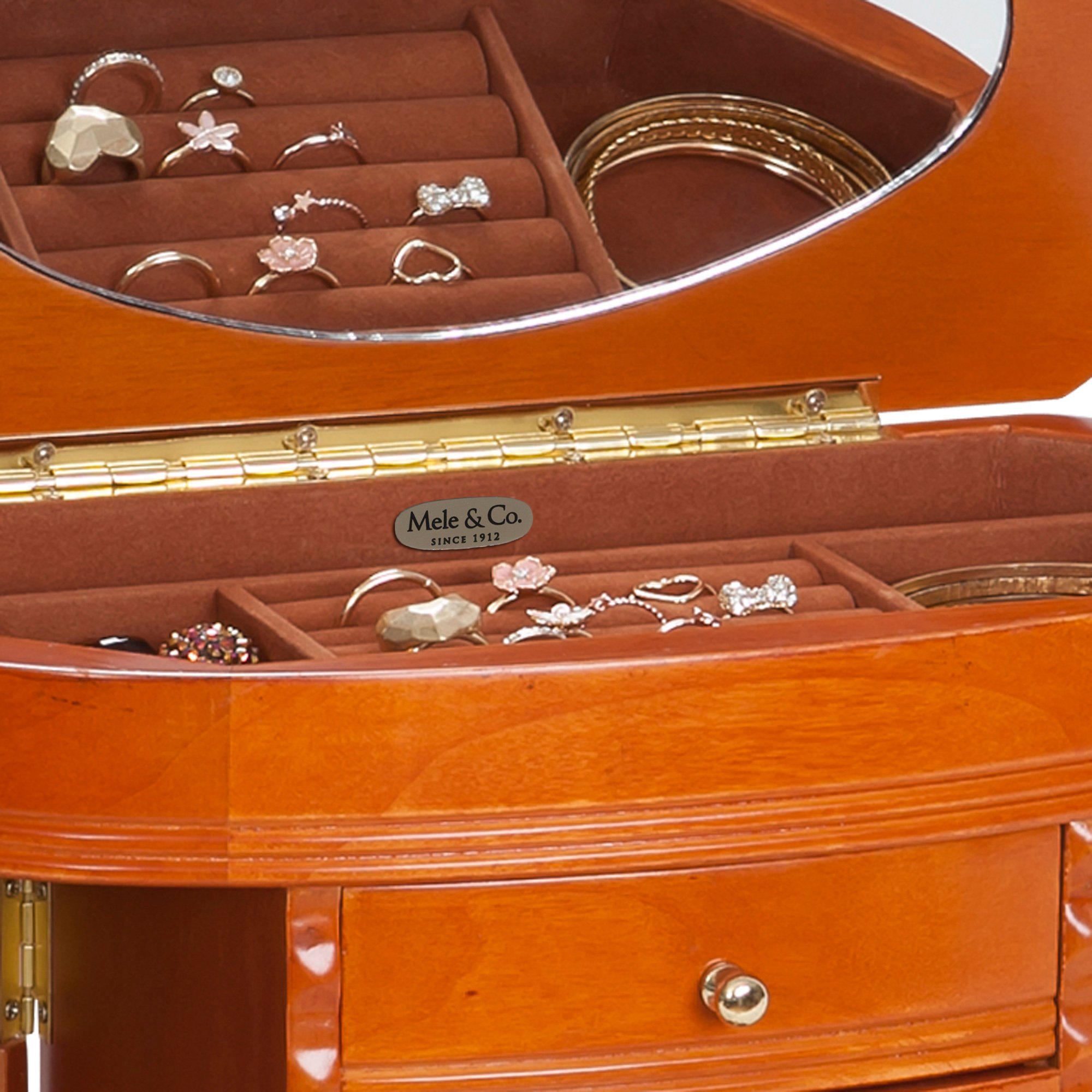Mele & Co. Trinity Jewelry Box - Premium Walnut Wood Jewelry Organizer with Mirror | Perfect for Necklaces, Rings & Earrings Storage | Gift for Women & Brides