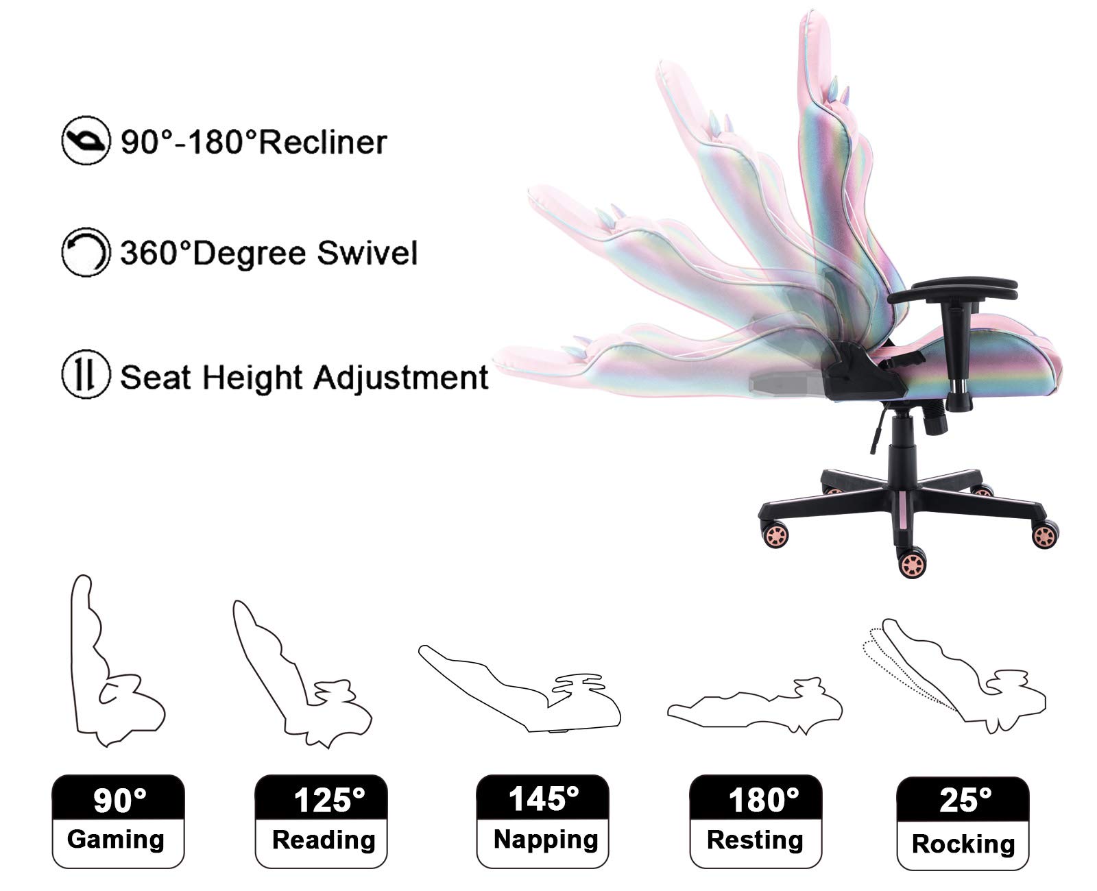Pink Gaming Chair with Lumbar Support & Kitty Headrest - Ergonomic Office Computer Desk Chair for Women, Perfect Gift for Girlfriend (Black Rainbow) - Ideal for Gaming Setups, Home Office & Streaming Stations