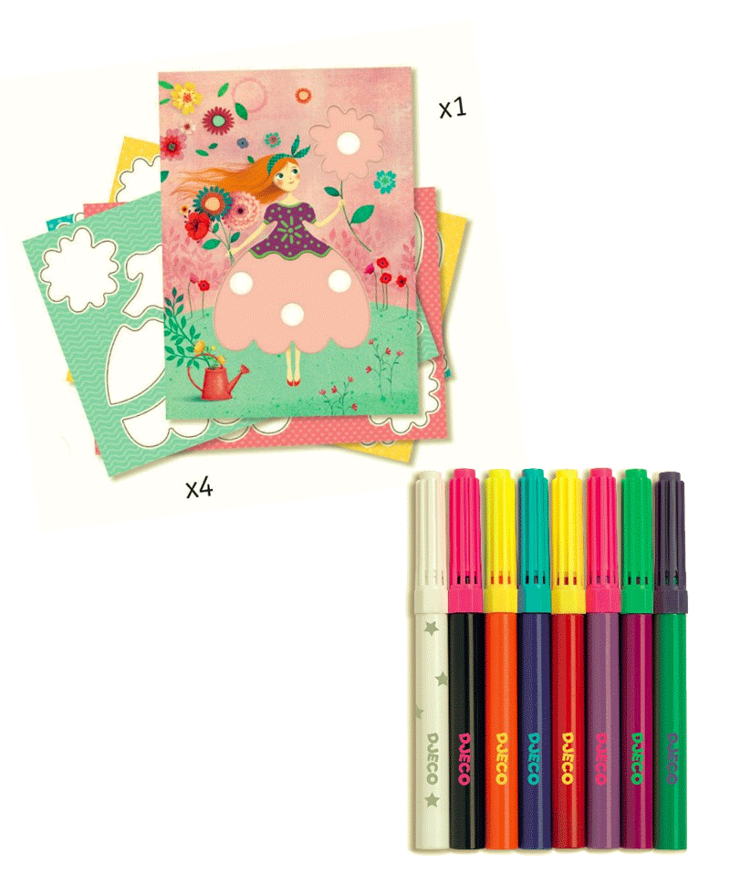 Marie's Pretty Dresses Coloring Art Set by Djeco - Creative Fashion Design Kit for Kids, Girls' DIY Dress Coloring Activity, Perfect for Birthday Gifts & Art Classroom Projects