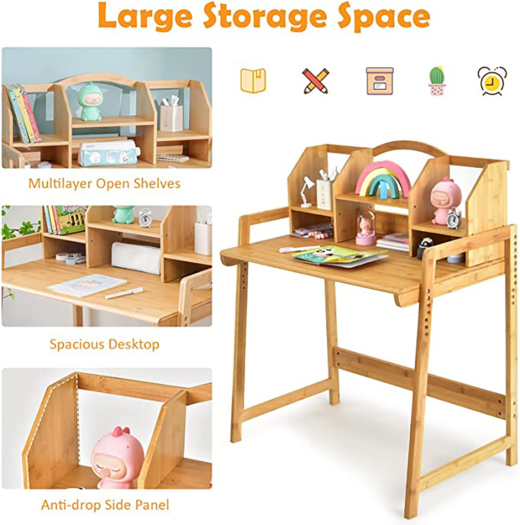 UNICOO Adjustable Bamboo Kids Desk and Chair Set - Ergonomic Study Table for Children, Eco-Friendly & Height Adjustable (Natural Wood) - Perfect for Homework, Drawing, and Online Learning at Home