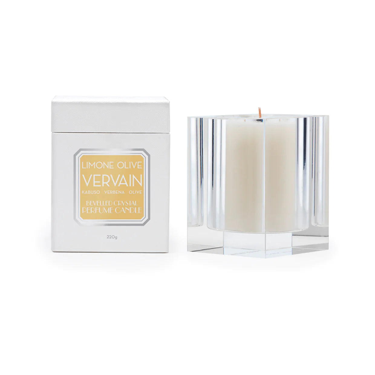 Abode Aroma Limone Olive Vervain 220g Bevelled Crystal Candle - Natural Scented Soy Wax for Home Relaxation, Spa & Meditation