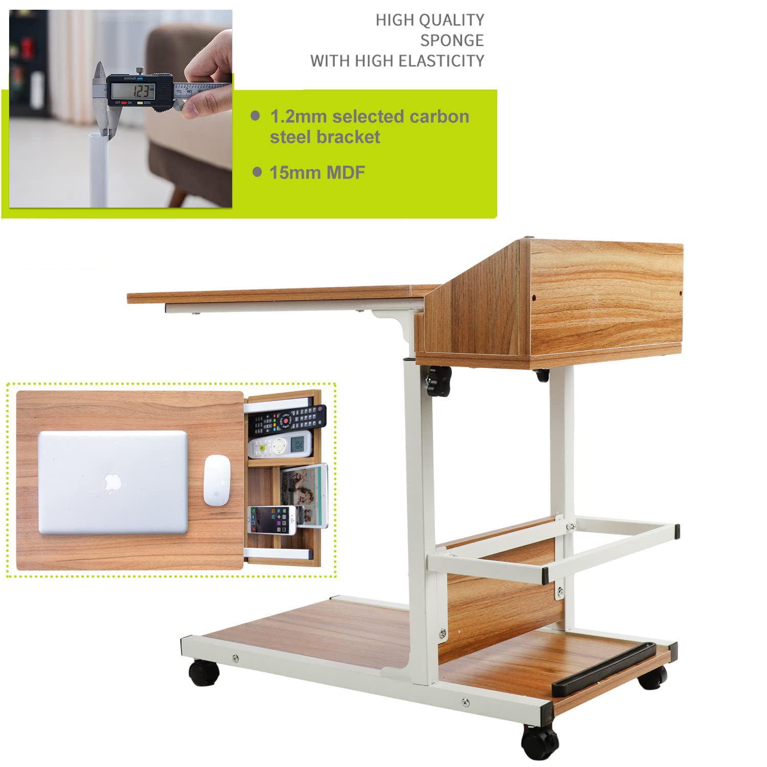 Adjustable Height Rolling Side Table with Wheels & Storage Shelves - Mobile Couch Snack Table, Wooden End Table for Living Room, Bedroom - Perfect for Laptop Use, Snacks & Drinks While Relaxing on Sofa or Bed