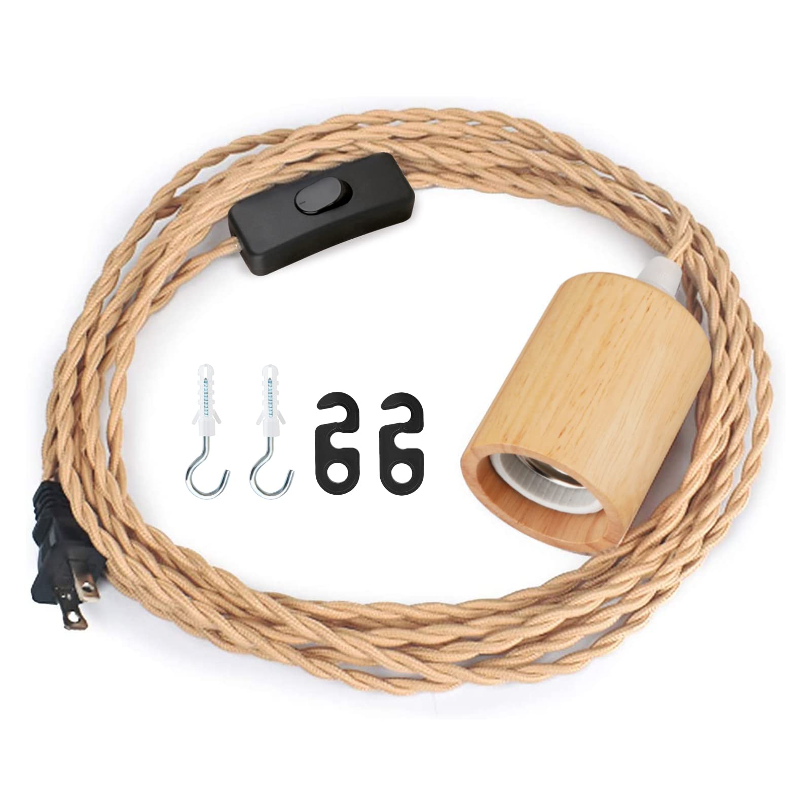 15FT Wood Pendant Light Cord Kit with Plug & Switch - Vintage Twisted Cloth Covered Wire, E26 Socket for DIY Farmhouse & Industrial Hanging Lights - Perfect for Kitchen Islands, Dining Rooms, and Bedroom Lighting