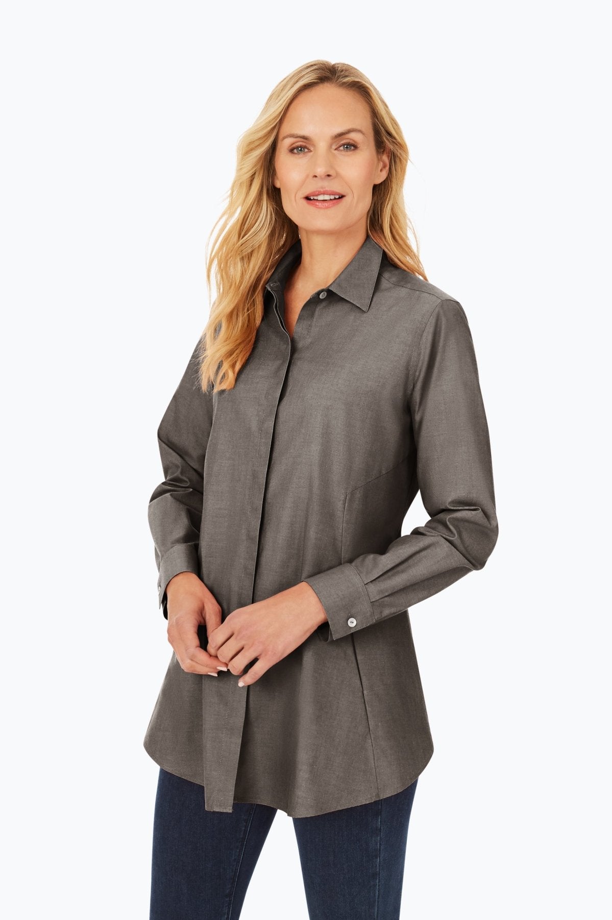 No Iron Pinpoint Long Sleeve Tunic for Women - Wrinkle-Free Office Blouse, Comfortable Business Casual Top for Work & Professional Wear