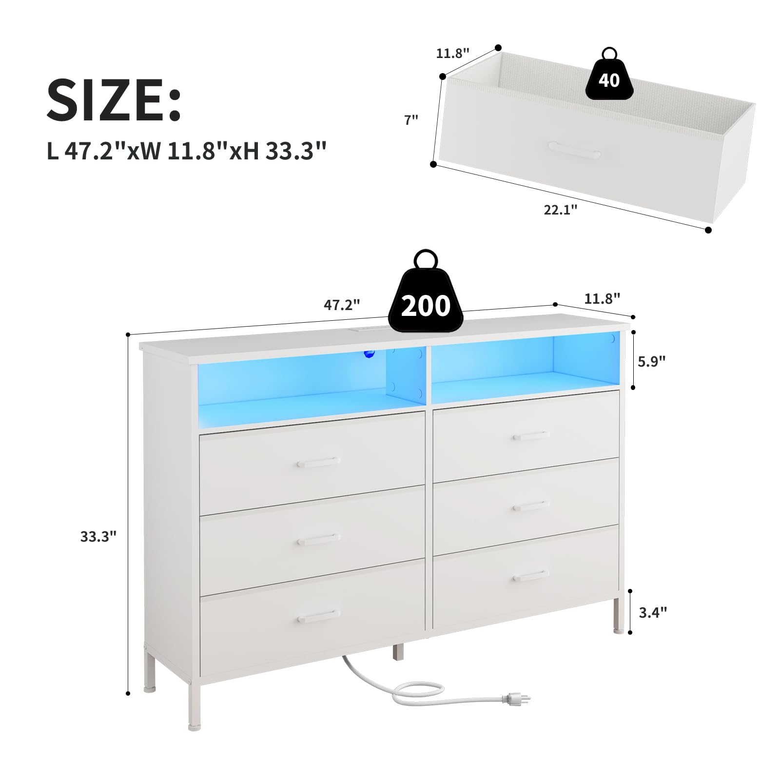 White Fabric LED Dresser with Charging Station - 6-Drawer Tall Chest for Bedroom & Living Room, Storage Organizer & TV Stand for up to 60