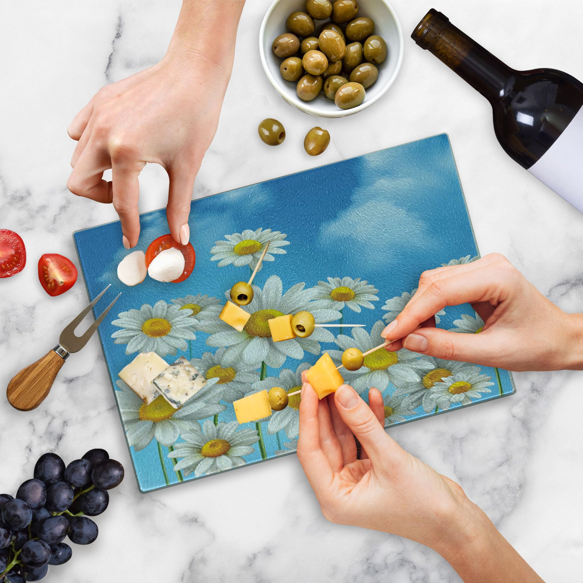 Lunarable Daisy Cutting Board - Blue Sunny Day Summer Sky Meadow Botanical Petals Design - Tempered Glass Decorative Serving & Cutting Board - Small Size Sky Blue Mustard - Perfect for Cheese Platters, Charcuterie & Kitchen Decor