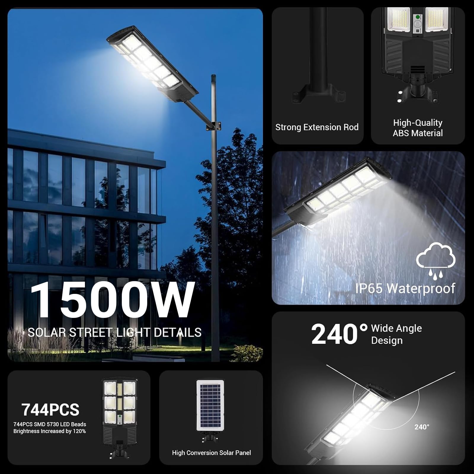 Xmart 80000LM Solar Street Lights Outdoor Waterproof - 744 Upgraded LED Solar Parking Lot Lights with Dusk to Dawn & Motion Sensor, Remote Control - Ideal for Yard, Garden, Pathway, Driveway and Parking Area Lighting