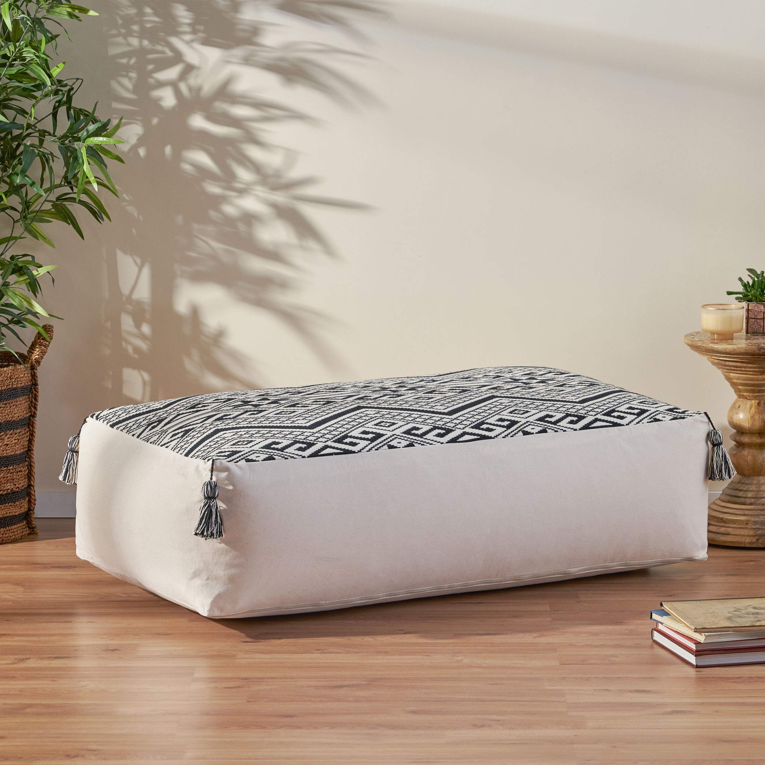 Christopher Knight Home Alva Boho Rectangular Bean Bag Ottoman - Natural & Black - Stylish Floor Seating for Living Room, Bedroom or Dorm Decor