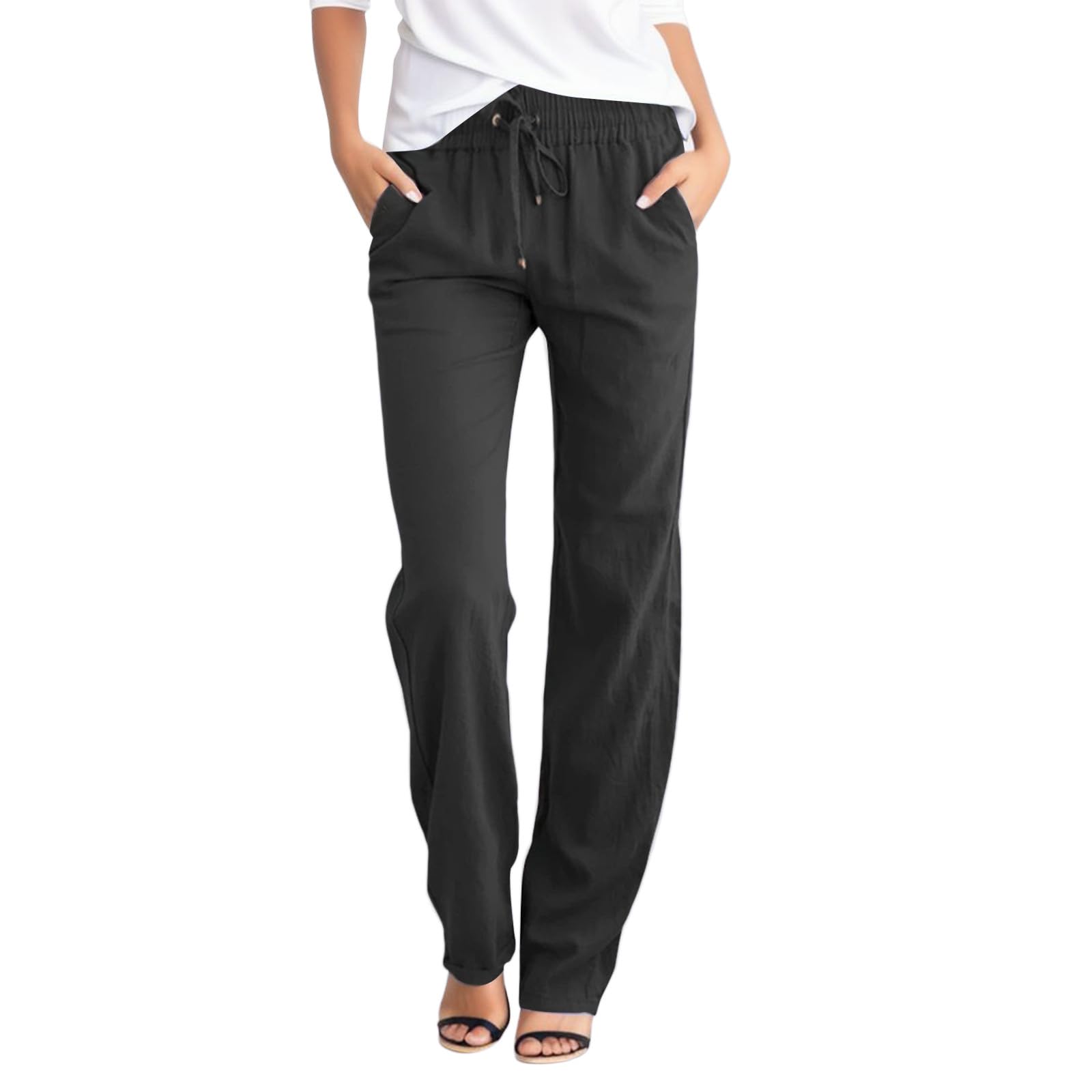 Women's High Waist Linen Pants - Casual Wide Leg Summer Palazzo Trousers with Drawstring & Pockets | Comfortable Beachwear & Boho Outfit | Small Size in Black #A1