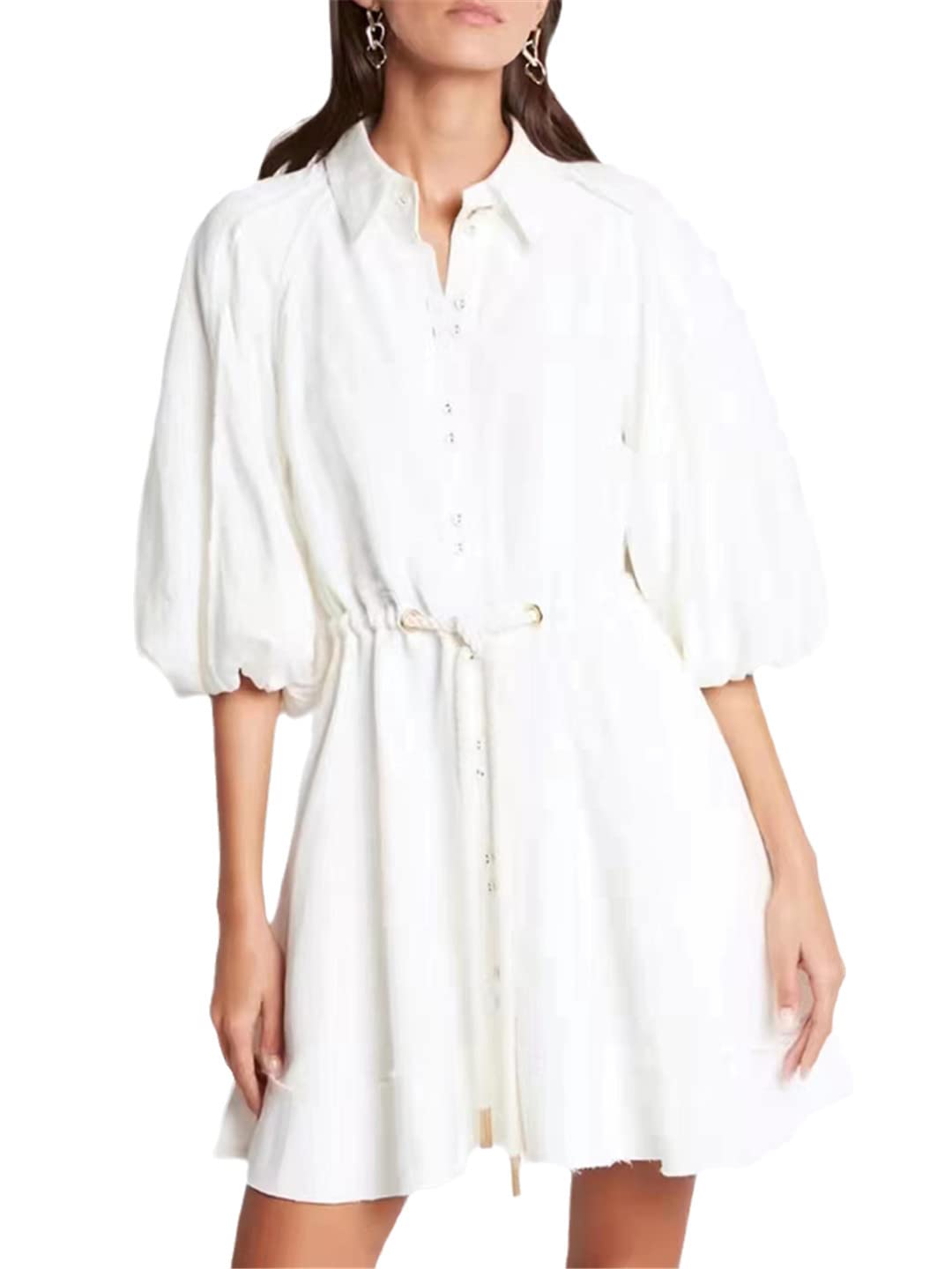 Women's High Waist Pleated Mini Dress with Puff Sleeves & Lace-Up Detail - Elegant Lapel Short Dress for Party, Date Night & Special Occasions