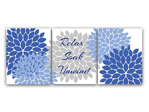 Navy Blue and Gray Floral Bathroom Art Prints - Set of 3 Modern Bathroom Wall Decor for Relaxing Soak & Spa Vibes | Perfect for Bathroom, Powder Room, or Guest Bath Decor