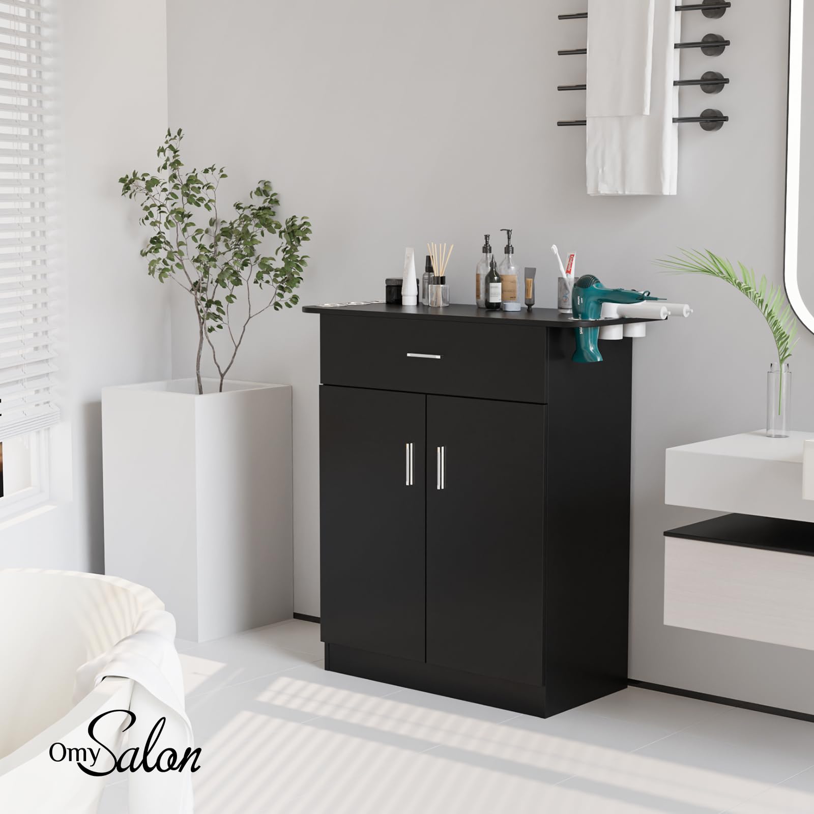 OmySalon Salon Station Barber Storage Cabinet - Free Standing Beauty Hair Station with 1 Drawer, 1 Storage Cabinet & 6 Hair Dryer Holders - Black | Professional Salon Equipment for Hair Styling, Barber Shops & Home Use