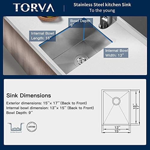 TORVA 15 x 17 Inch Undermount Bar Sink - 16 Gauge Stainless Steel Single Bowl Kitchen Sink for Wet Bar & Prep - Fits 18