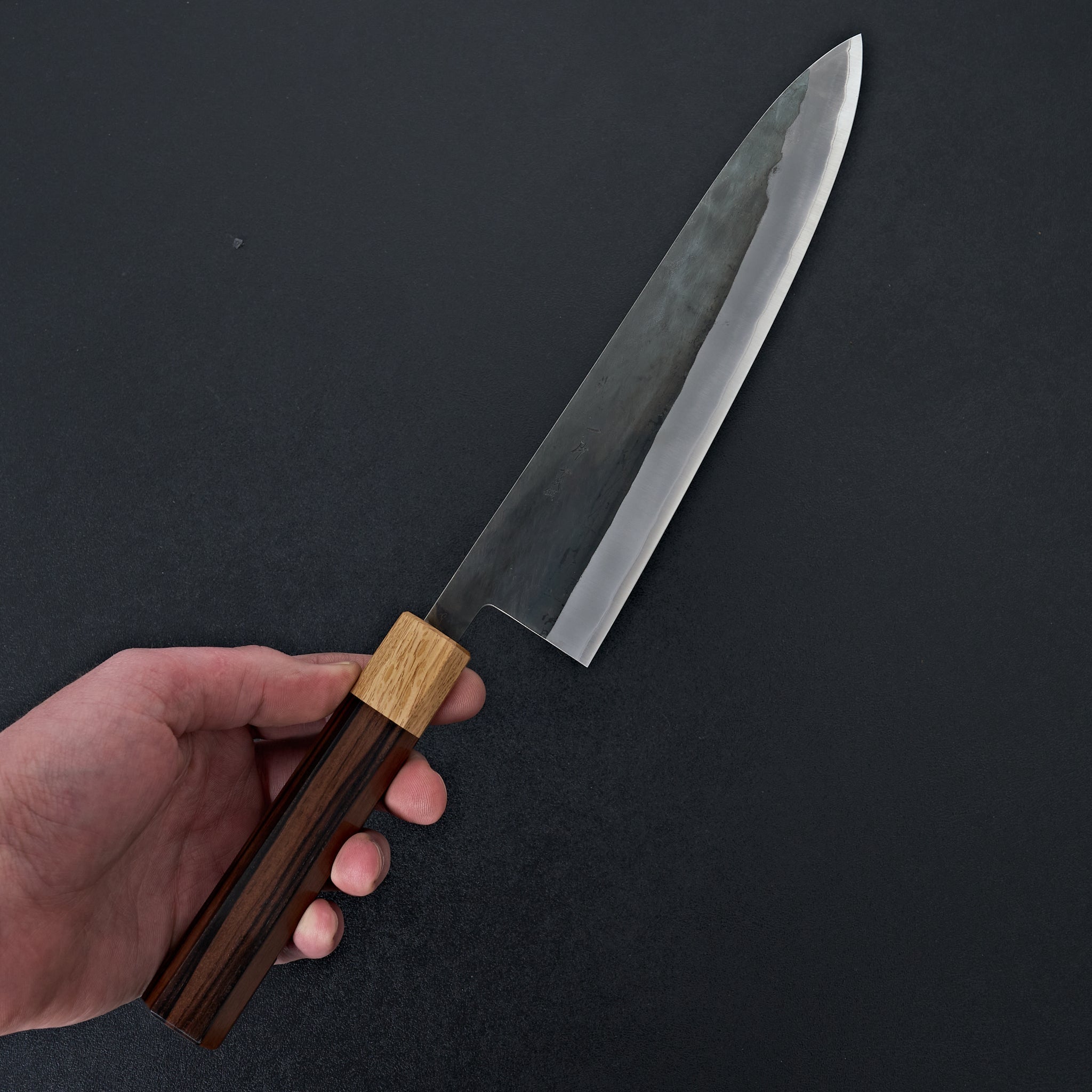 Hitohira TD Blue #2 Stainless Clad Kurouchi Gyuto 210mm Japanese Chef Knife with Ebony Handle & Oak Ferrule - Perfect for Sushi, Meat Slicing, and Professional Kitchen Use