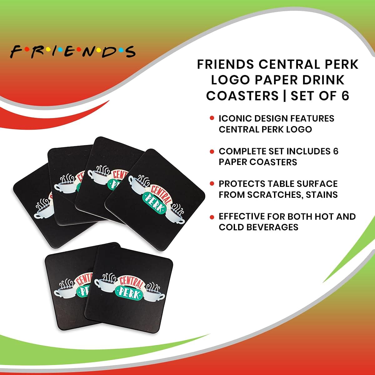 Friends Central Perk Coffee Shop Logo Drink Coasters - Absorbent Set of 6 | Home Kitchen & Dining Table Protection | Coffee Table Decor & Bar Accessories | Perfect for TV Nights, Parties & Gift Giving