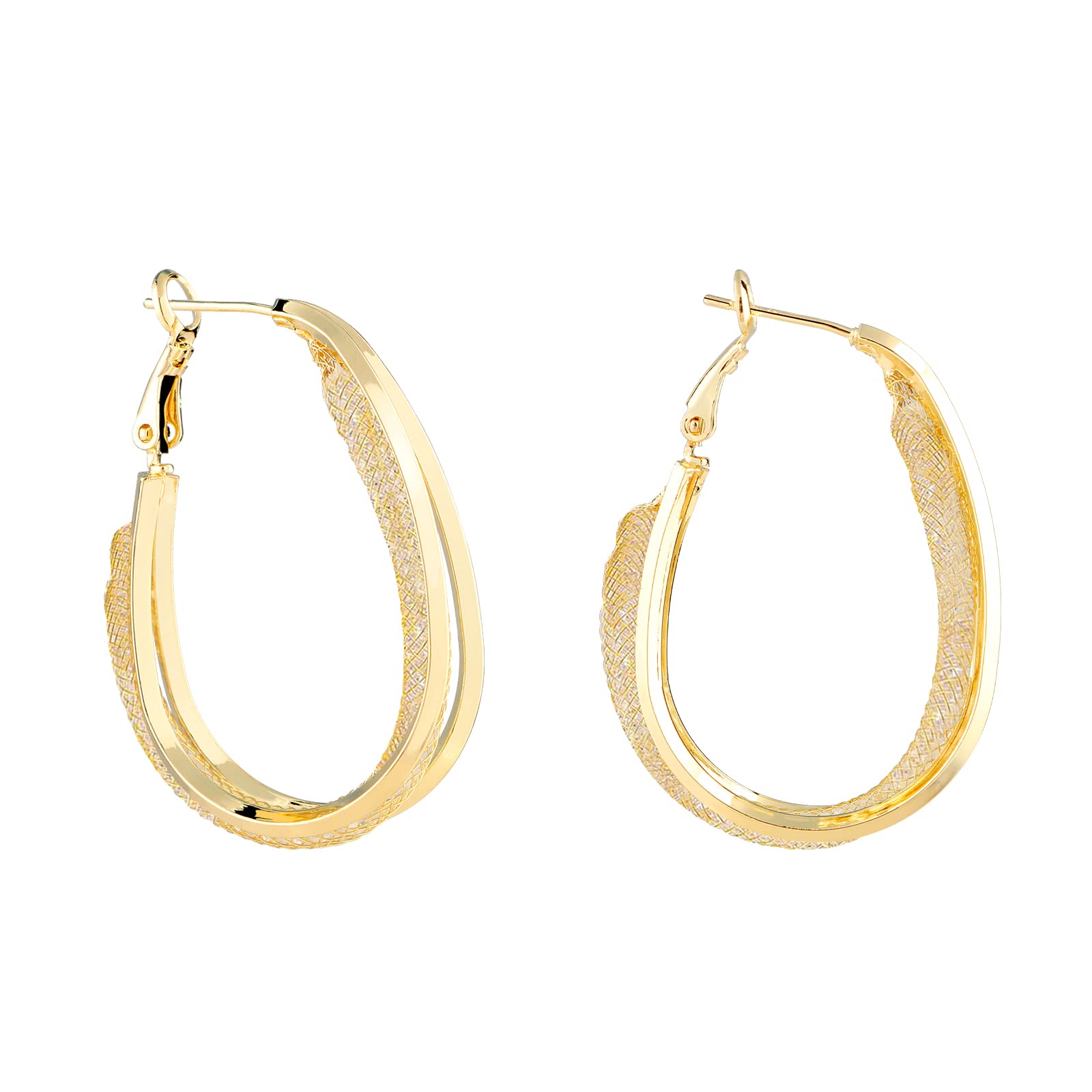 Caci&co Hollow Mesh Crystal Hoop Earrings - 925 Sterling Silver with 18k Gold Plated Oval Statement Earrings for Women | Elegant Rhinestone Jewelry Gift for Girls | Perfect for Parties, Weddings & Date Nights