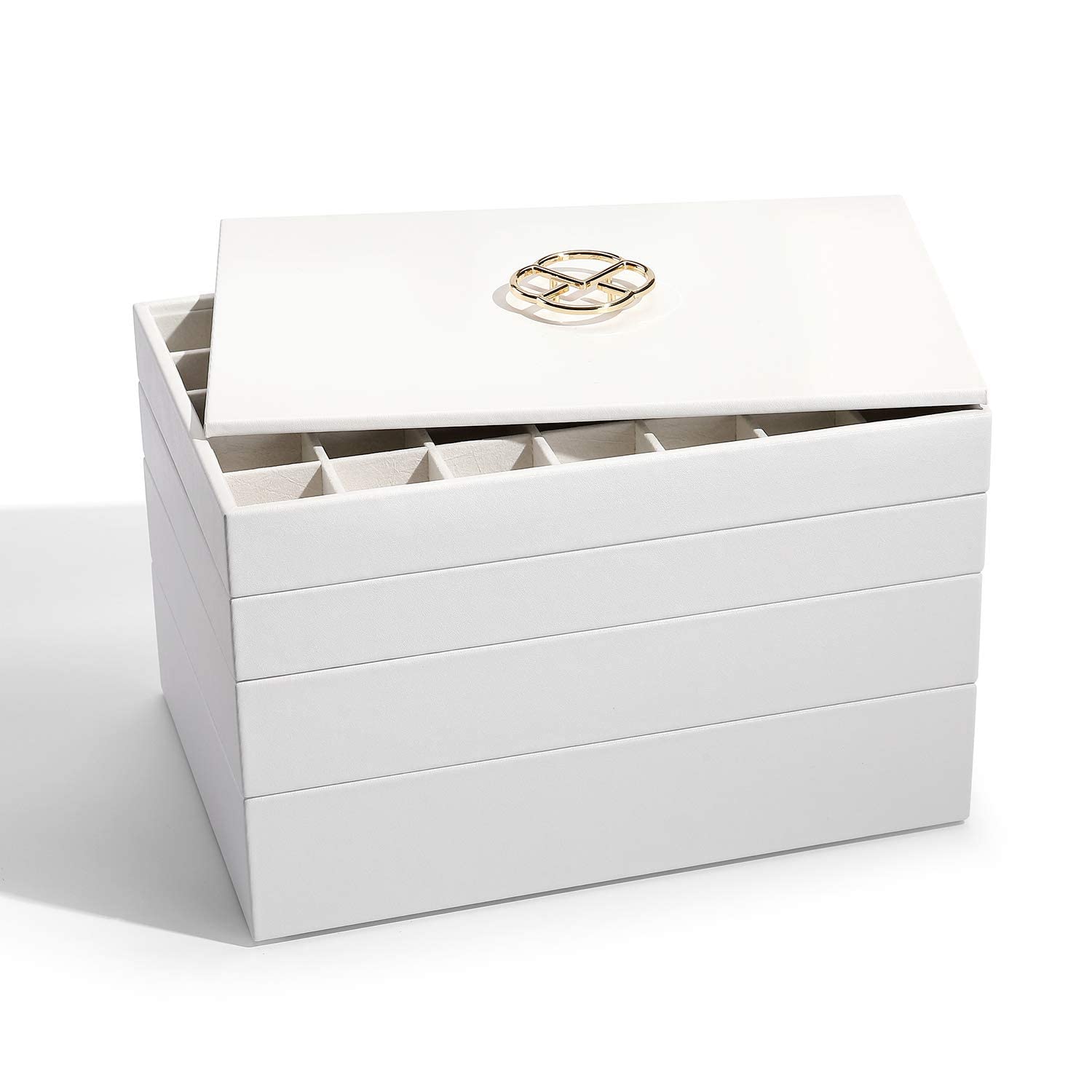 Vlando Jewelry Organizer Tray - 4-Layer Faux Leather Jewelry Storage Box with Lid for Earrings, Necklaces, Bracelets & Rings - Perfect for Desktop, Dresser or Drawer Organization - Elegant White Design