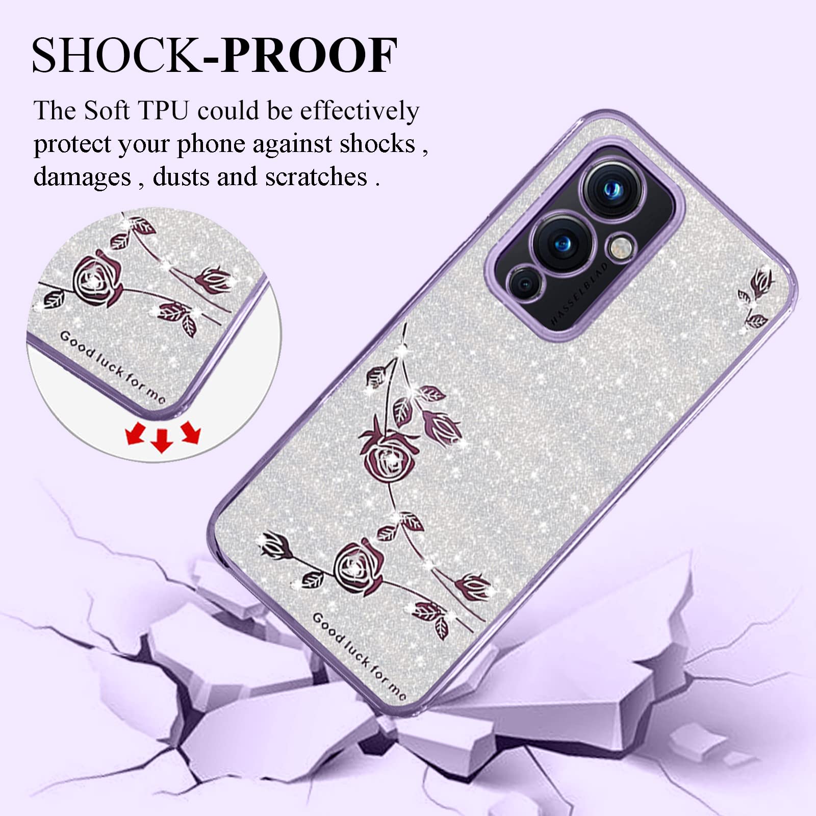 Sparkly Glitter Luxury Diamond Bling OnePlus 9 Case for Women - Pink Floral Clear Shockproof TPU Phone Cover (Purple-Silver) | Cute Protective Case for Girls, Soft & Durable | Perfect for Everyday Use, Work, School & Travel