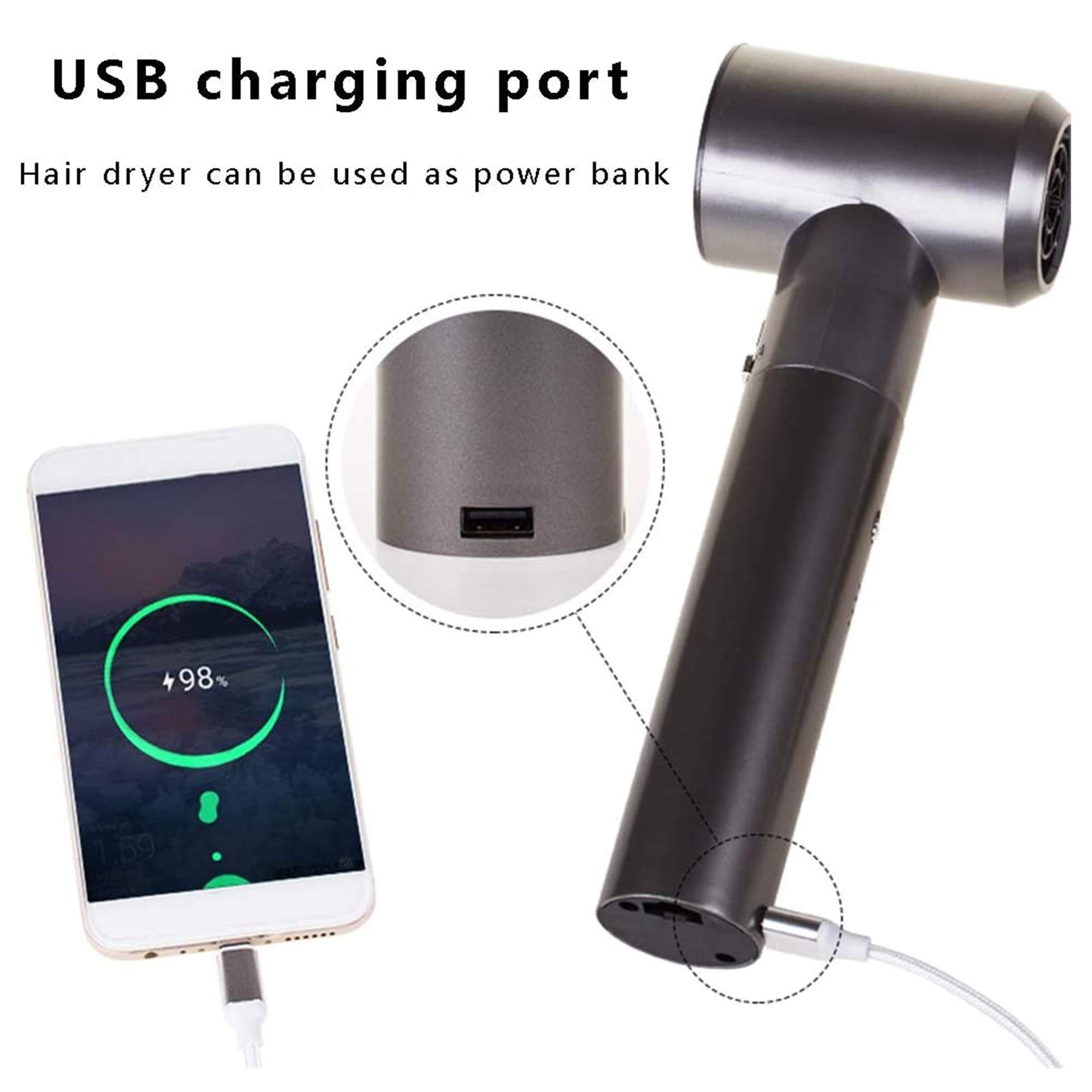 Cordless Hair Dryer - Portable Wireless Handheld Blow Dryer with Detachable Nozzle for Travel, Home, Hotel & Pet Grooming | Lightweight Fast Drying for Styling, School & On-the-Go Use