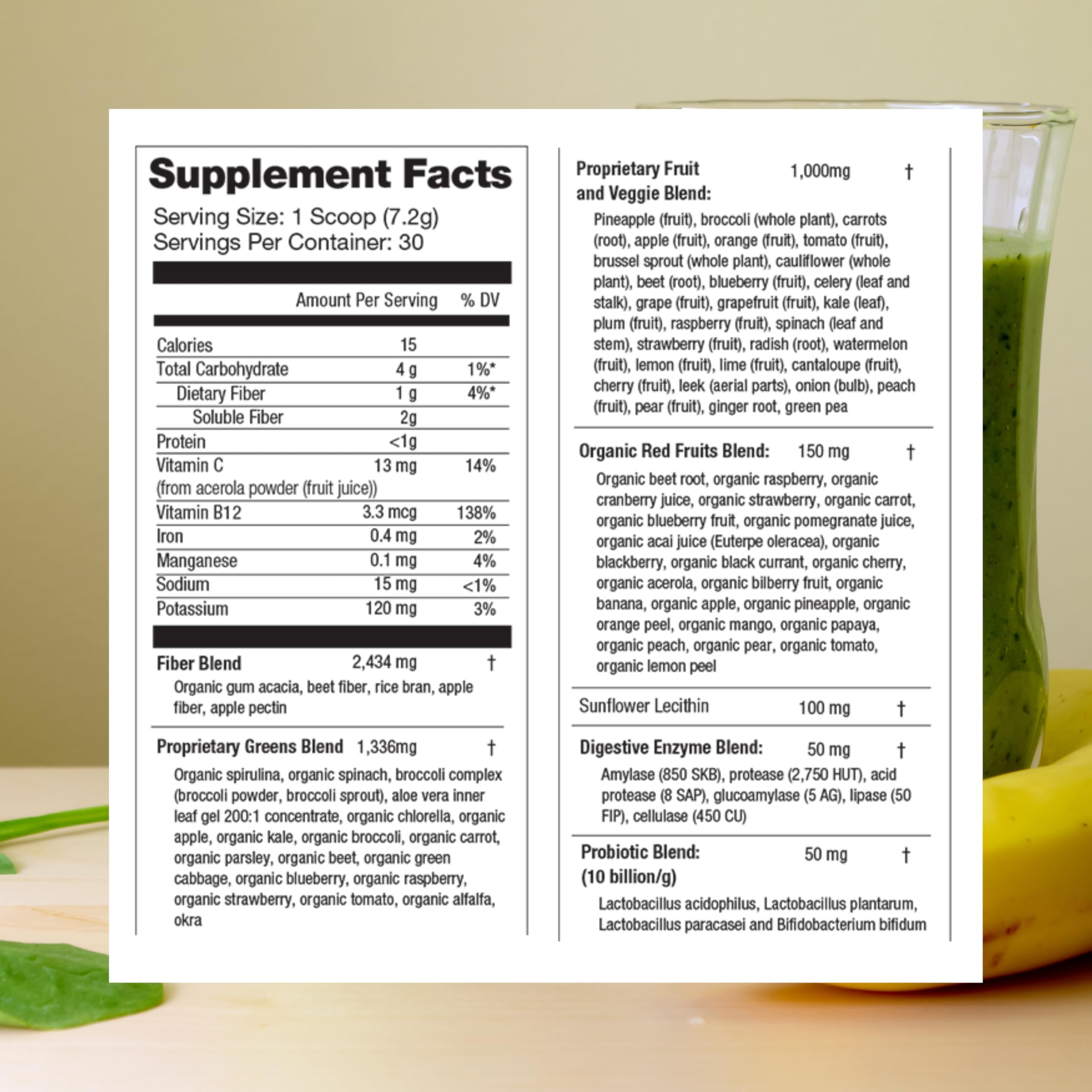310 Greens Blend Superfood Powder with Fruits, Vegetables, Digestive Enzymes & Probiotics - 30 Servings (Apple Banana Flavor) for Energy Boost, Gut Health & Daily Nutrition