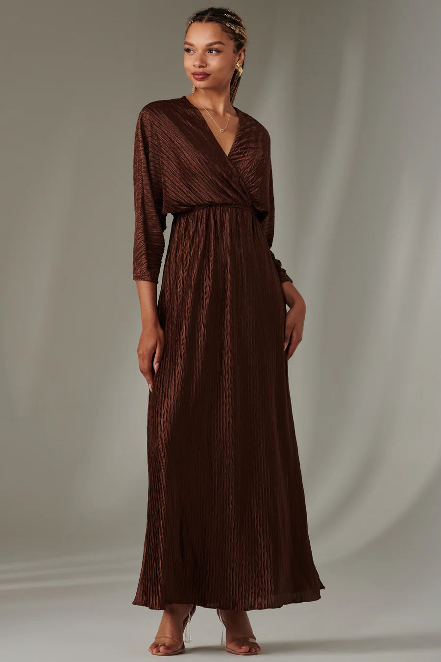 Elegant Chocolate Brown Ruffle Hem Chiffon Maxi Dress for Women - Perfect for Weddings, Parties & Special Occasions