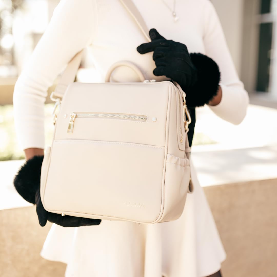 Mini Diaper Bag Backpack - Premium Vegan Leather Baby Bag with 7 Interior & 5 Exterior Pockets for Diapers, Wipes & Essentials - Lightweight & Stylish (Ivory) - Perfect for Moms On-The-Go, Travel & Daily Outings with Baby