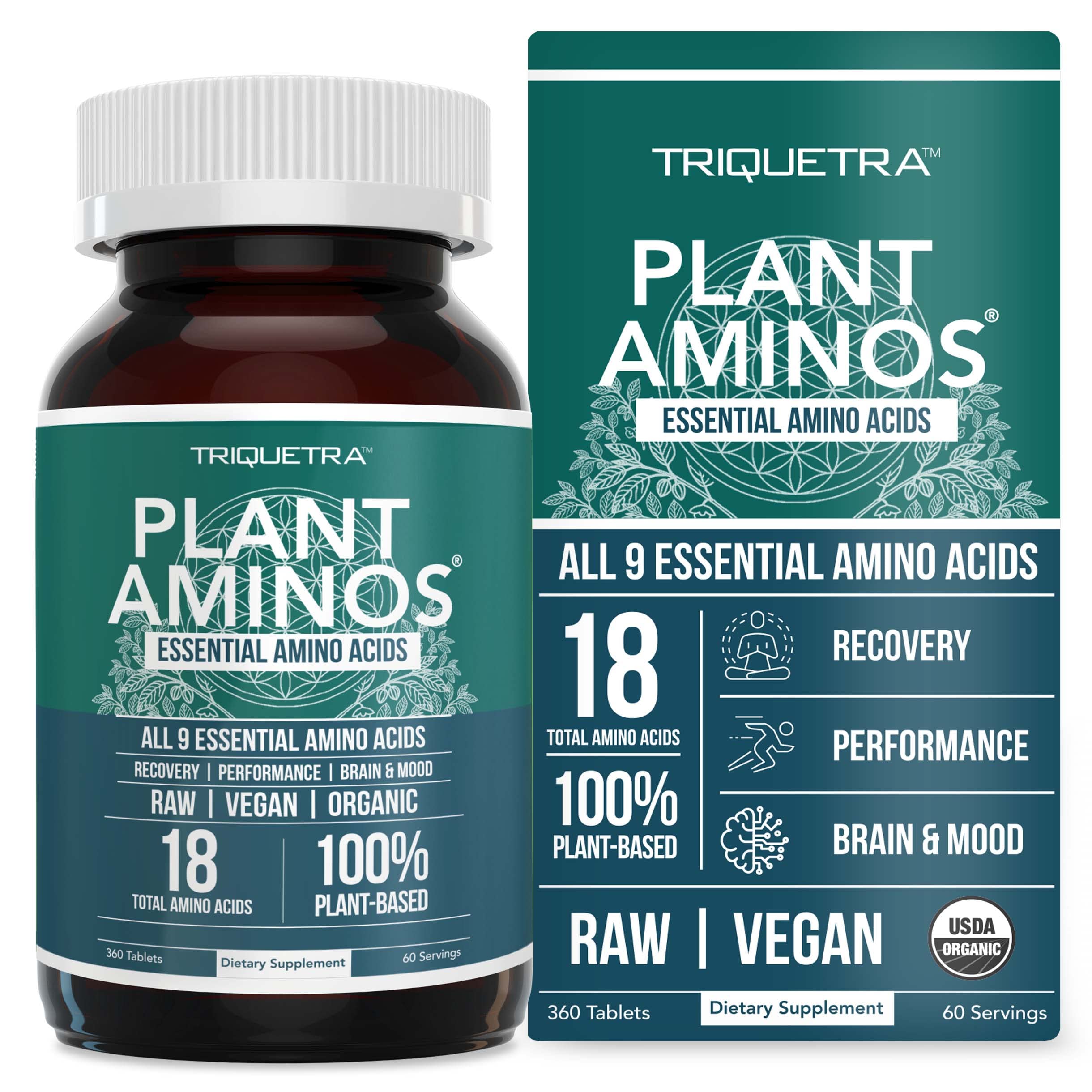 Organic Plant-Based Essential Amino Acids (EAAs) & BCAA Supplement - 100% Vegan, Raw, All 9 Essential Amino Acids + 18 Total Aminos - 360 Tablets for Muscle Recovery, Workout Performance & Vegan Nutrition