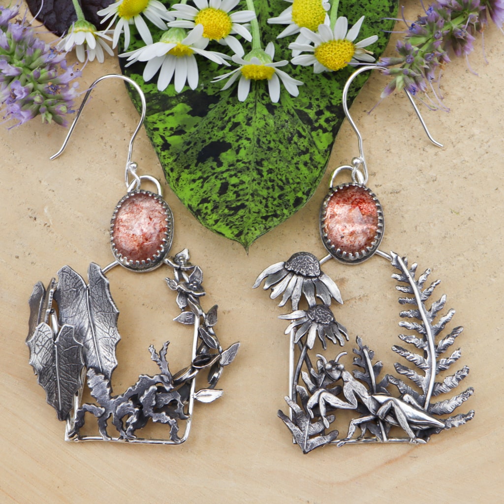 Unique Mismatched Praying Mantis Earrings with Sunstone Gemstones | Handmade Boho Jewelry for Women | Perfect for Festivals, Parties & Everyday Wear