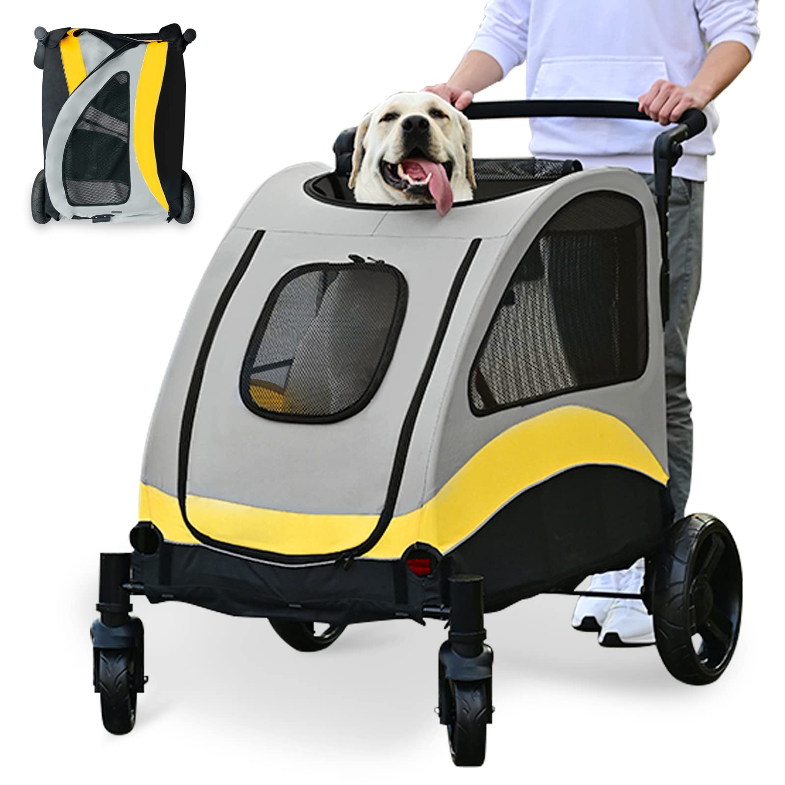 4-Wheel Collapsible Dog Stroller for Medium & Large Dogs - Dual Pet Carrier for Outdoor Travel, Jogging & Park Visits (Grey & Yellow)