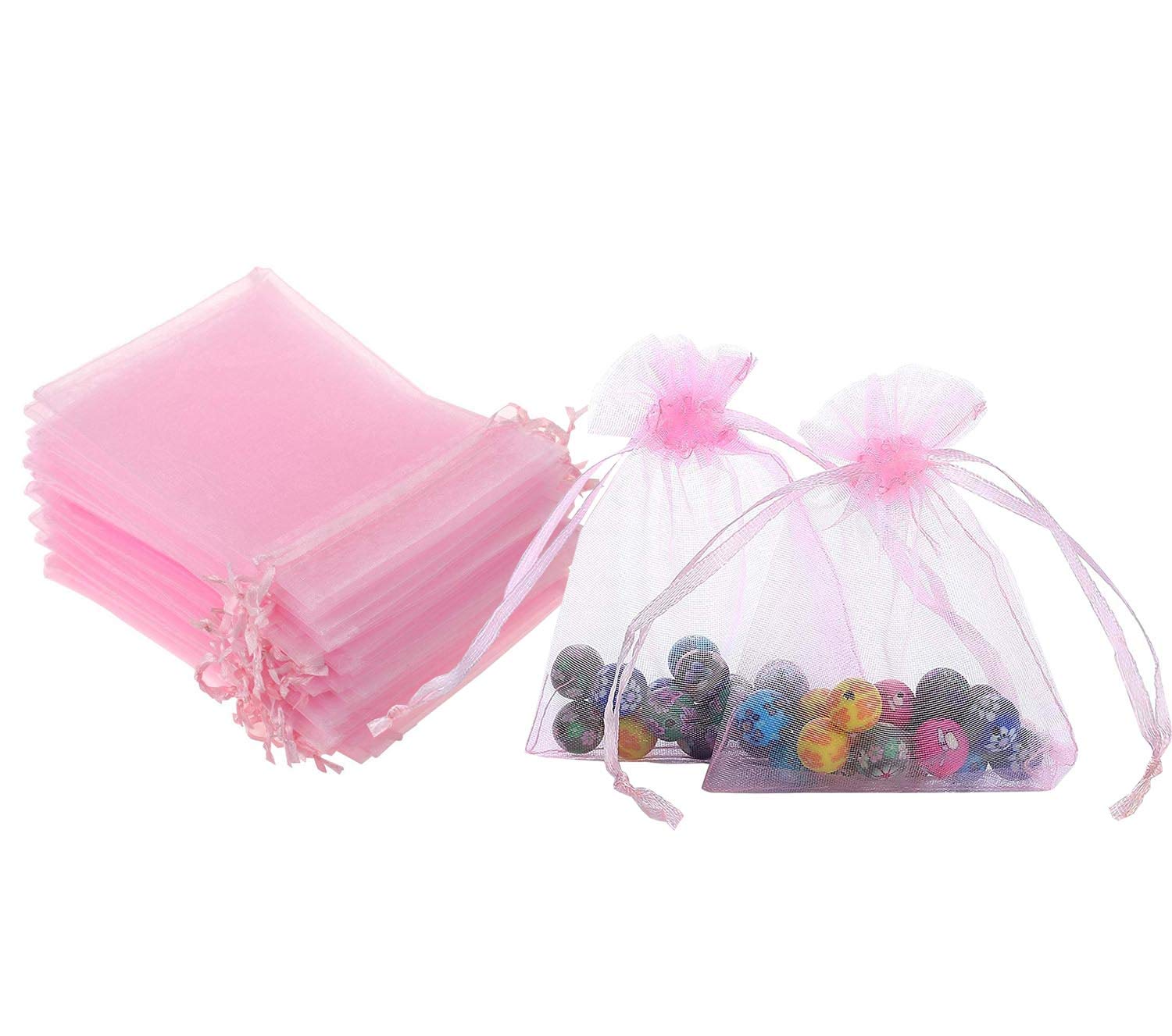50 Pcs 5x7 Inches Pink Organza Gift Bags with Satin Drawstring - Sheer See-Through Fabric Favor Pouches for Baby Shower, Wedding, Party Favors, Jewelry, Holiday Gifts & Card Deck - Perfect for Gift Wrapping, Party Decorations & Special Occasions