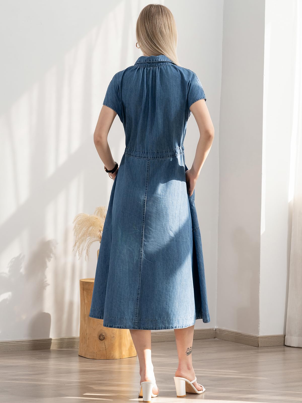 ALSOGO Women's Casual Denim Dress - Short Sleeve Midi Jean Dress with Waist Drawstring & Pockets | Perfect for Summer Outings, Beach Vacations and Casual Everyday Wear