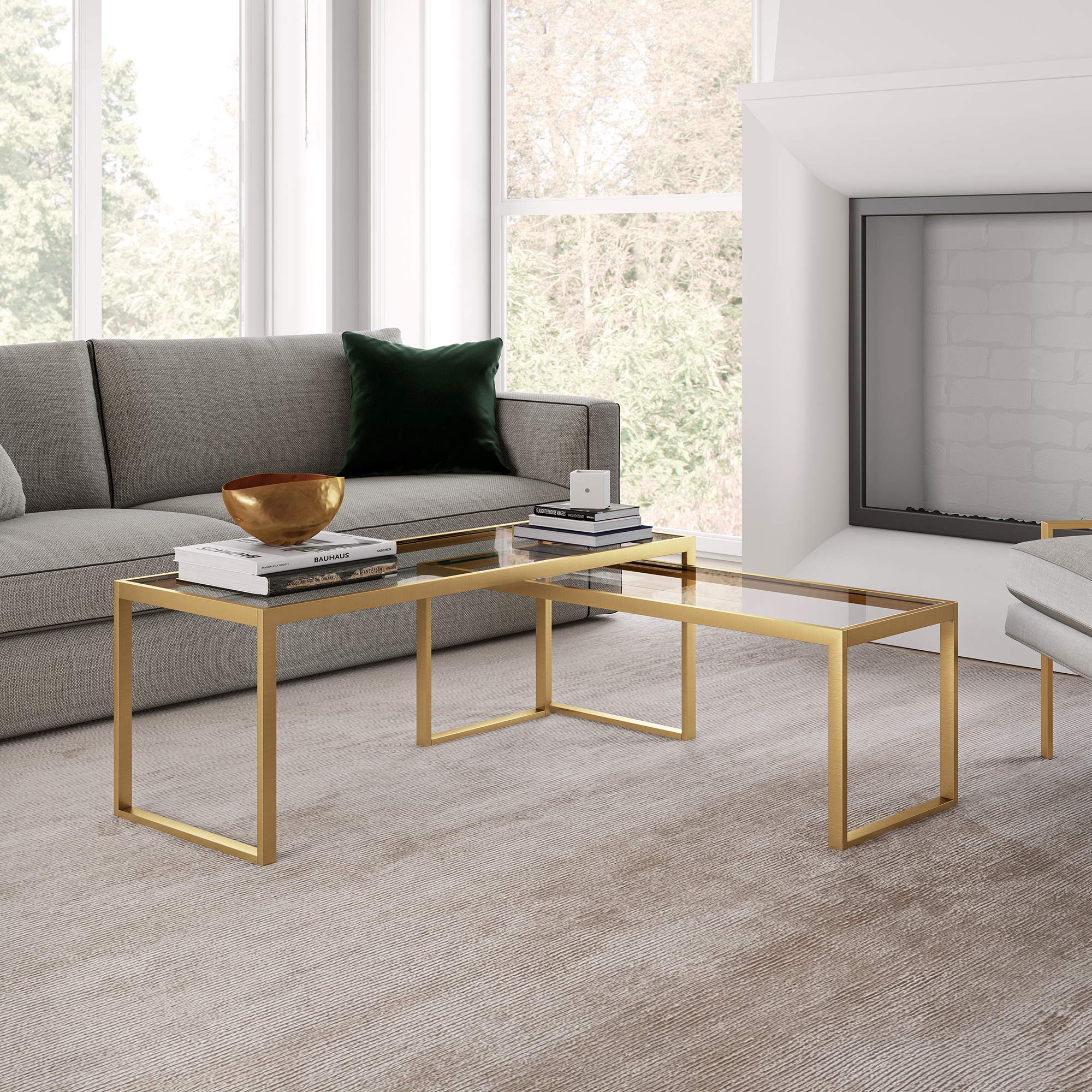 Henn&Hart Rectangular Nested Coffee Table in Brass - Modern Living Room Furniture, Minimalist Studio Apartment Essentials - Perfect for Small Spaces & Contemporary Home Decor