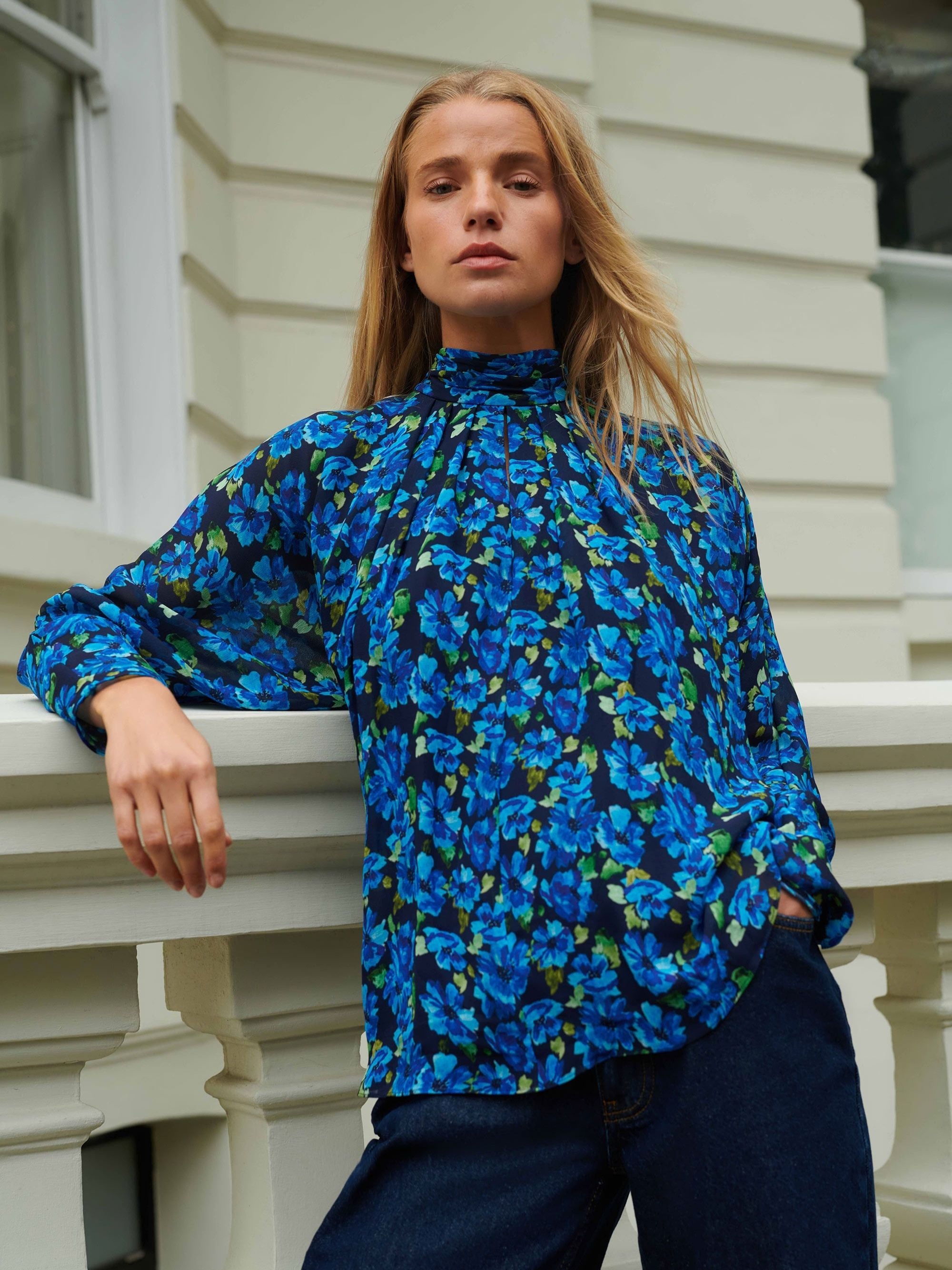 Blue Floral Print Batwing Sleeve Blouse for Women - Stylish Loose Fit Tunic Top for Casual Wear & Office Outfits