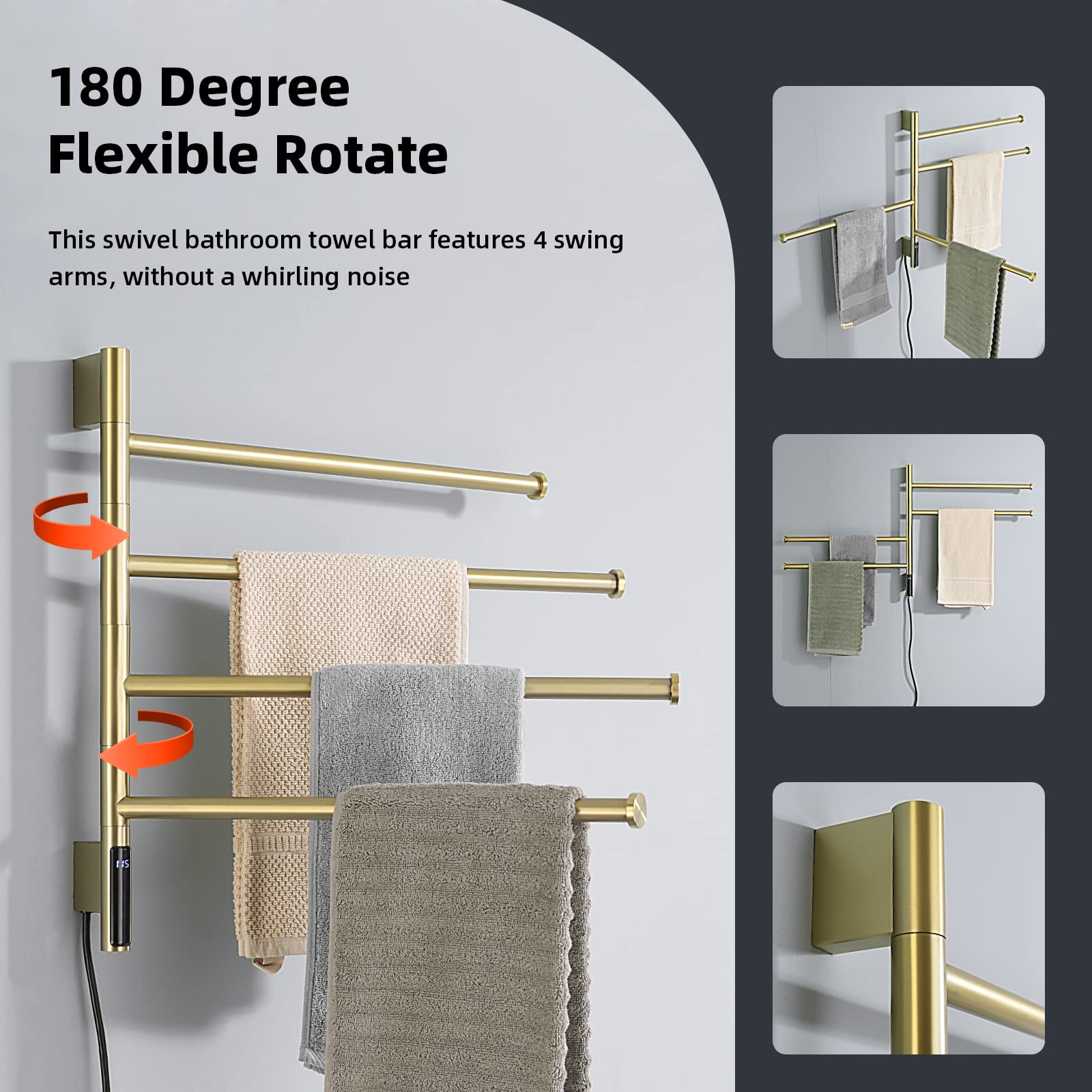 TRUSTMI 4-Arm Swivel Electric Towel Warmer Rack - Built-in Timer & Temperature Indicator, Wall Mounted Plug-in Heated Towel Rack for Bathroom (Brushed Gold) - Perfect for Spa, Luxury Hotels & Cozy Home Bathrooms