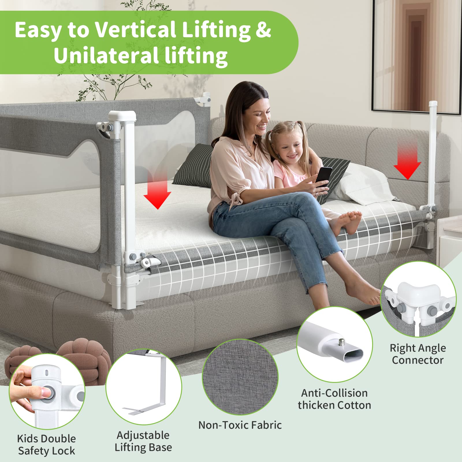 Melafa365 Adjustable Toddler Bed Rails - Safety Bed Guard for Twin, Full, Queen & King Size Beds (Gray, 1 Piece, 74