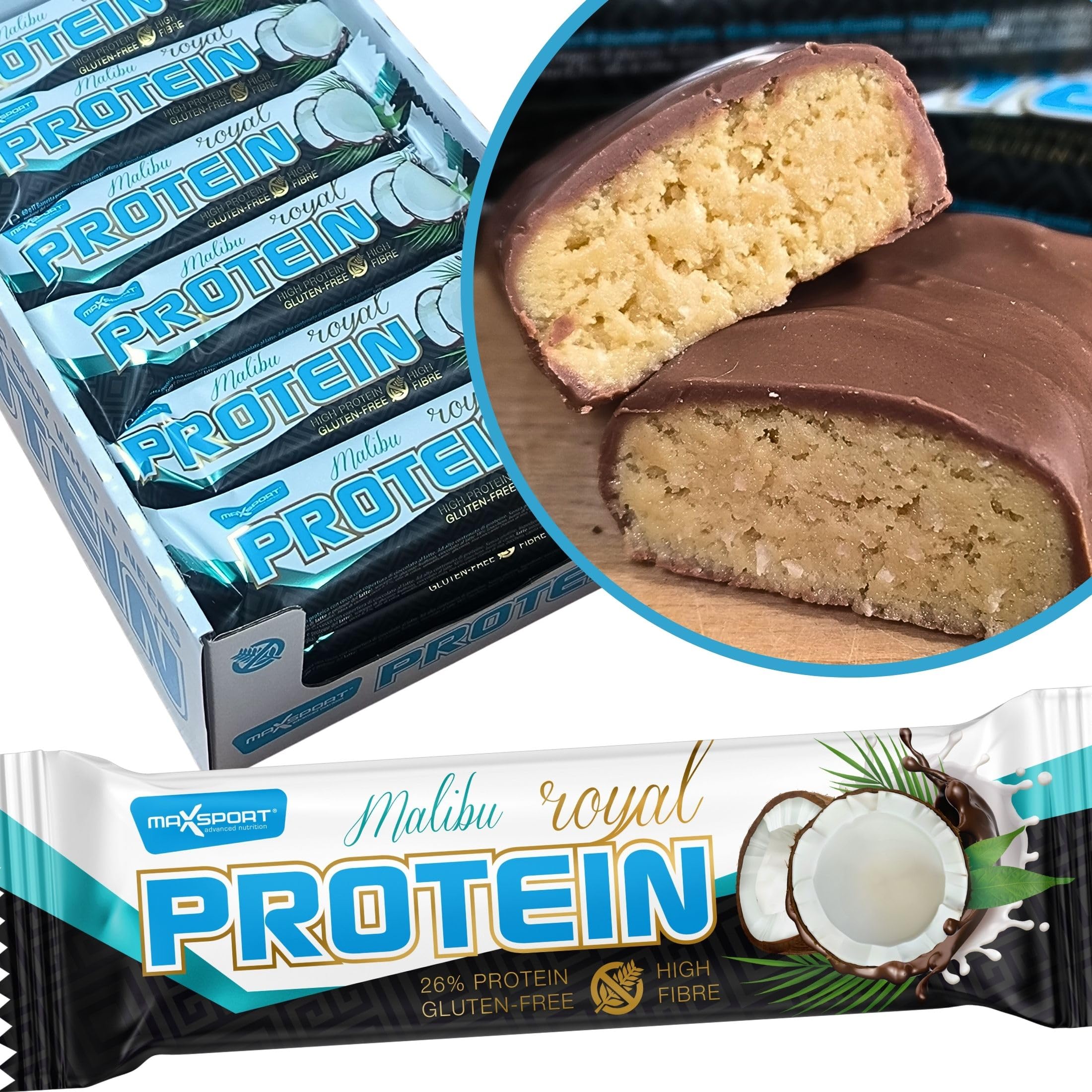 MaxSport Nutrition Royal 25% Protein Bar - Gluten Free High Protein Snack 24x60g (24 Pack) | Coconut Malibu Flavor | Post-Workout Recovery, Keto Diet & On-The-Go Energy Boost