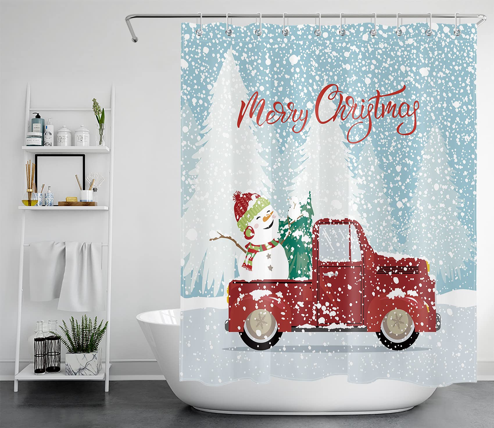 HVEST Christmas Shower Curtain - Red Truck & Snowman Winter Bathroom Decor with Hooks | Waterproof Polyester Fabric (60x72 Inches) for Holiday Home & Cabin Bathroom Decorating