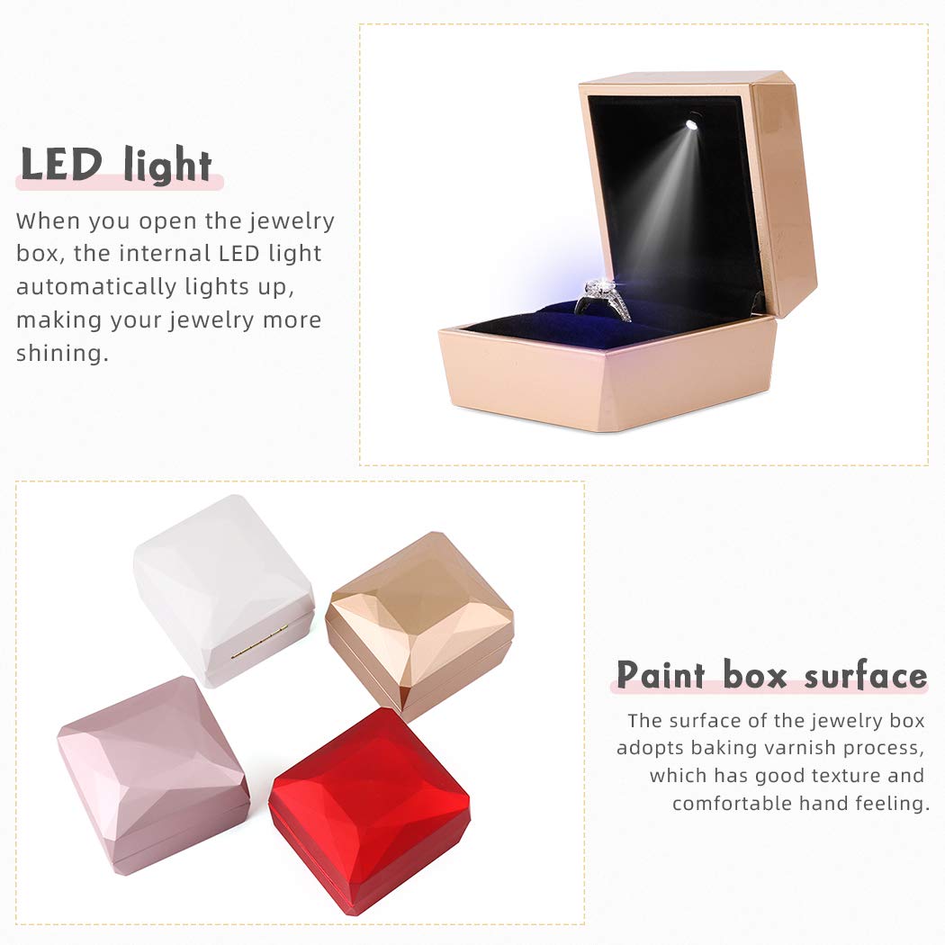 iSuperb LED Light Square Ring Box - Elegant Jewelry Gift Box for Engagement, Wedding & Anniversary Proposals (Golden) | Perfect for Romantic Surprises & Special Occasions