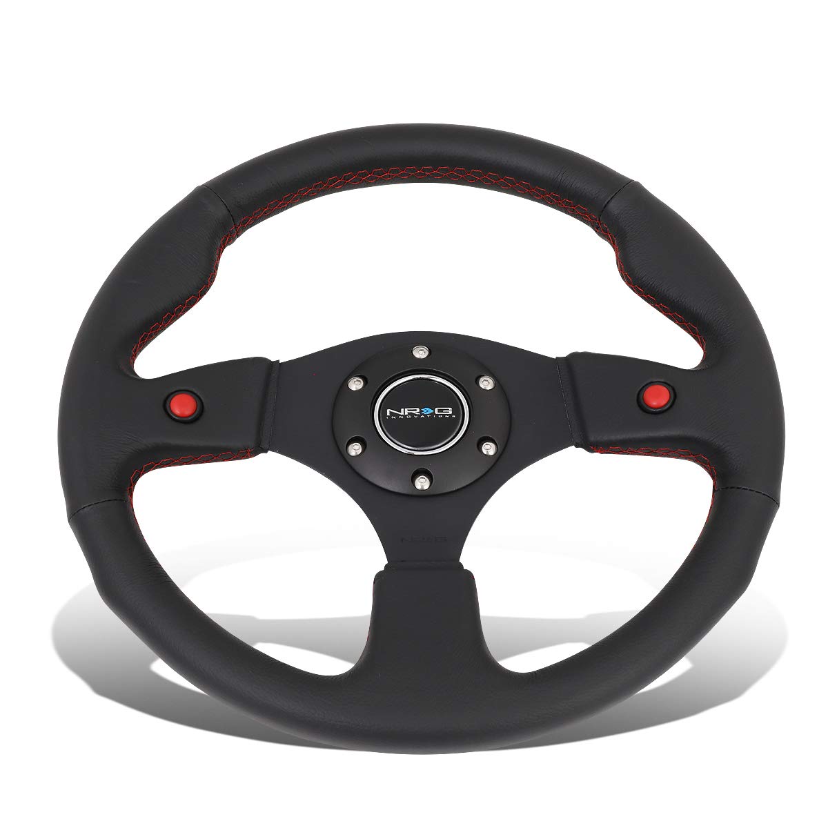 NRG Innovations RST-007R 320mm Leather Grip Racing Steering Wheel with Dual Side Buttons - Universal Fit for Drifting, Track Racing & Car Enthusiasts - Includes Free LED Keychain Flashlight for Night Use