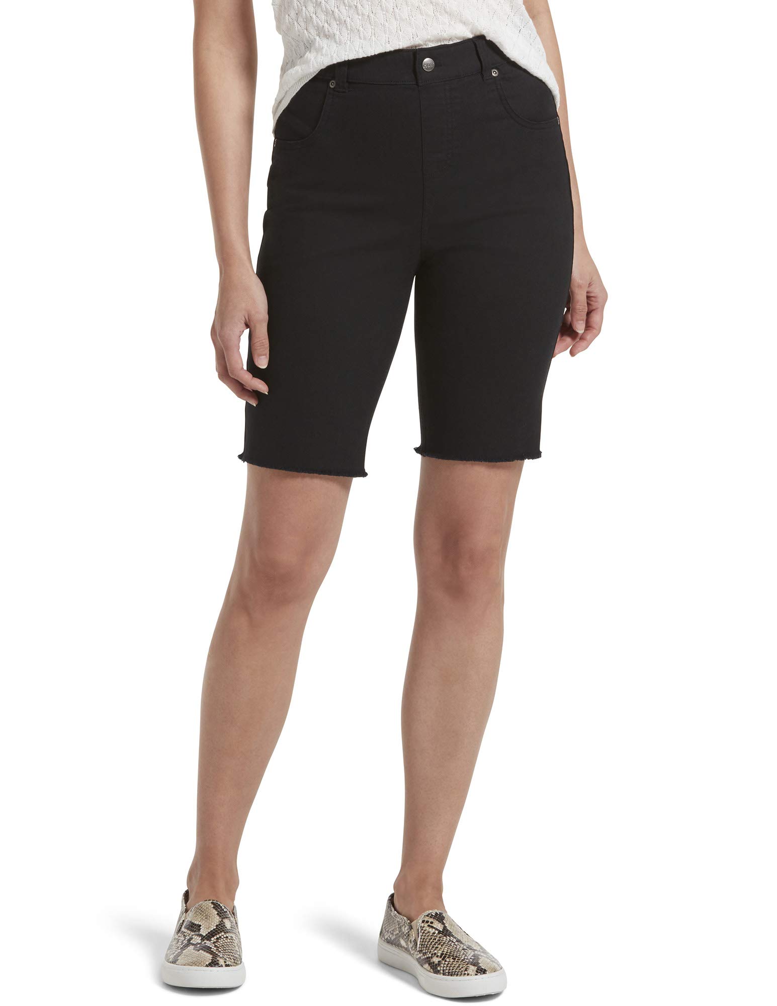 HUE Women's Ultra Soft Denim High Rise Bermuda Shorts - Comfortable Stretch Denim Shorts for Women, Casual Summer Shorts with Pockets, Perfect for Beach, Travel & Everyday Wear